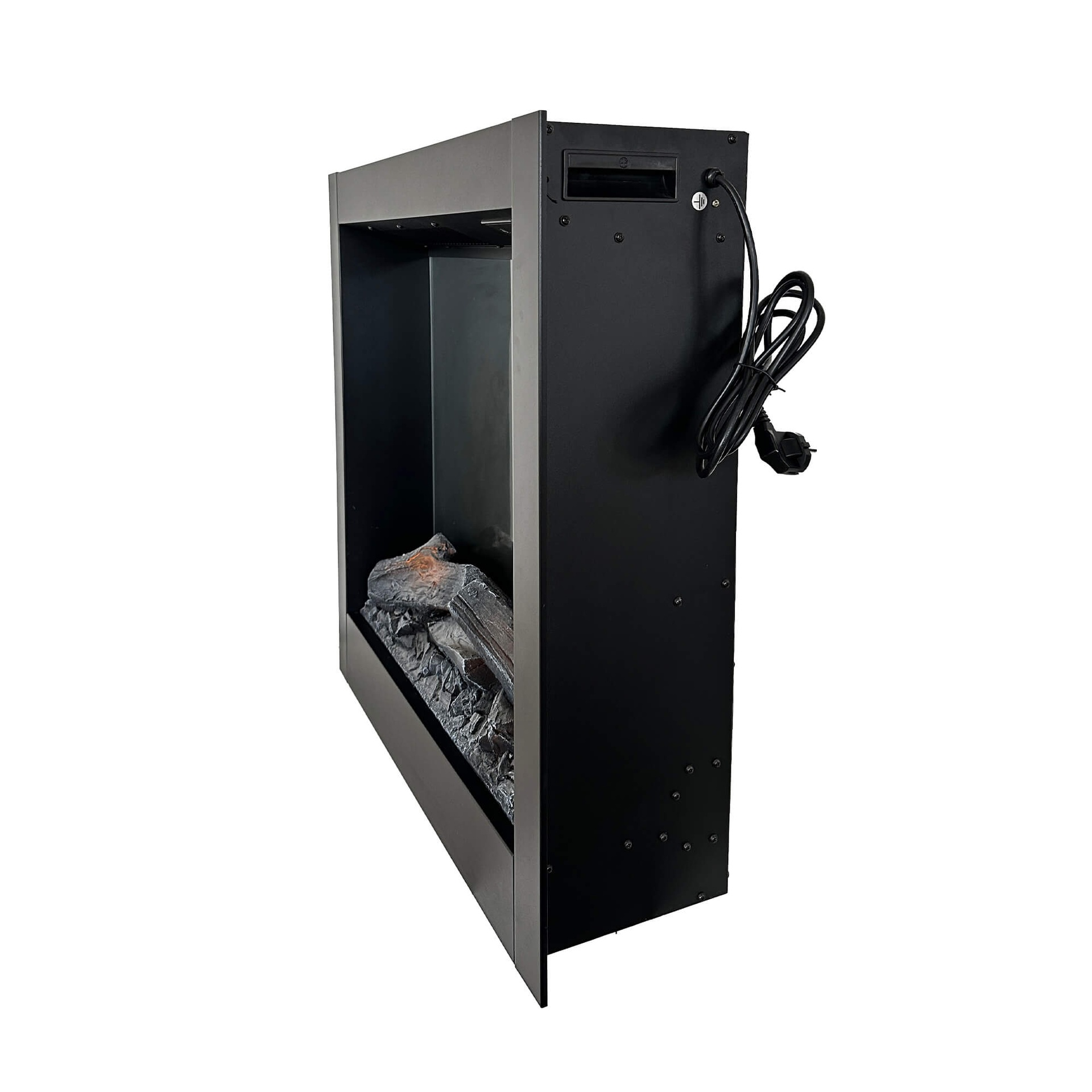 Een elektrische open haard met een zwart metalen frame. Het heeft een netsnoer en een realistische set houtblokken.