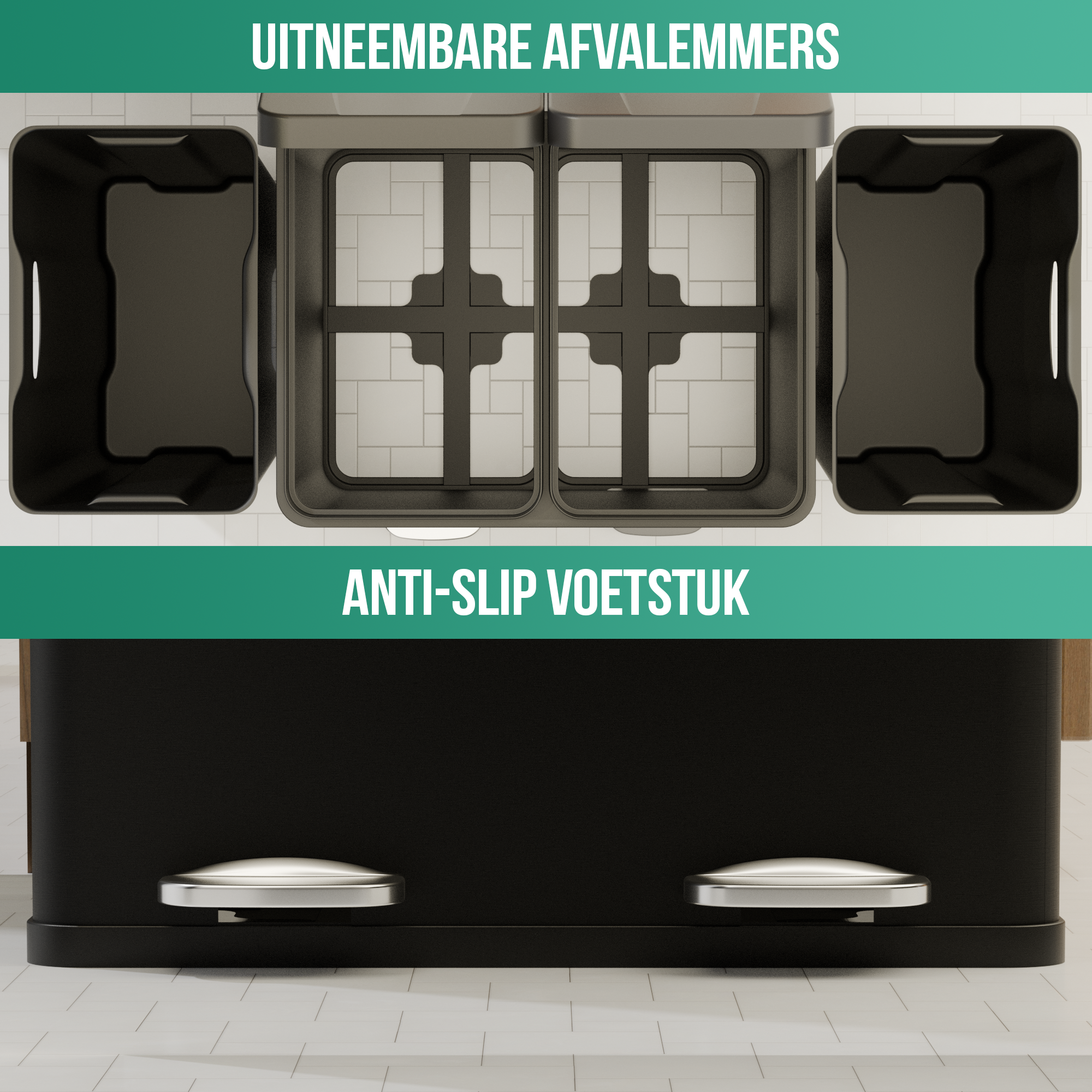 Black trash can with two pedals. Above are two removable trash containers. Text in Dutch.