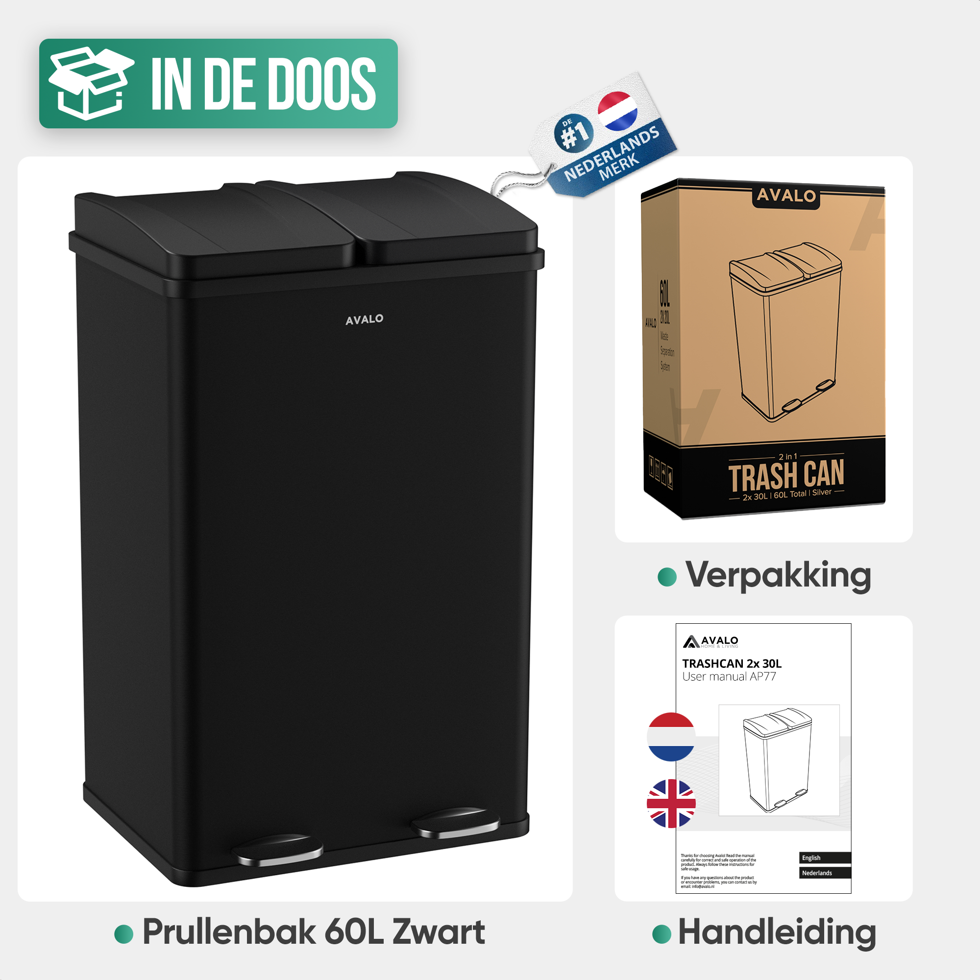 Black trash can with a box, user manual, and flag, on a white background.