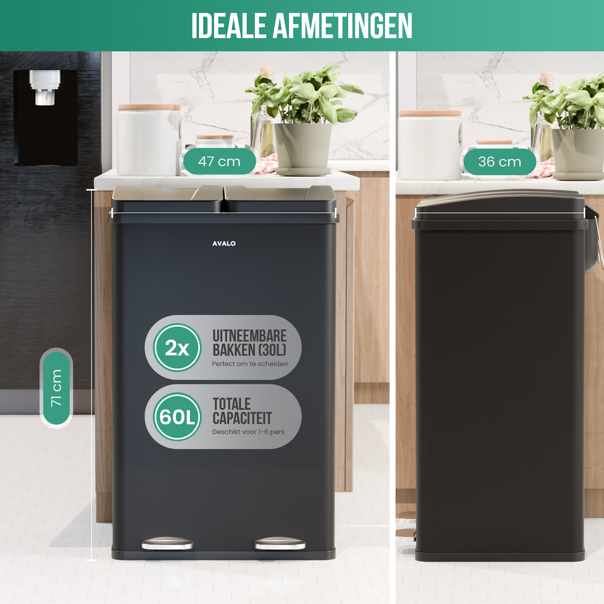 Two black trash cans with foot pedals. The left bin has two compartments. Dimensions are shown.