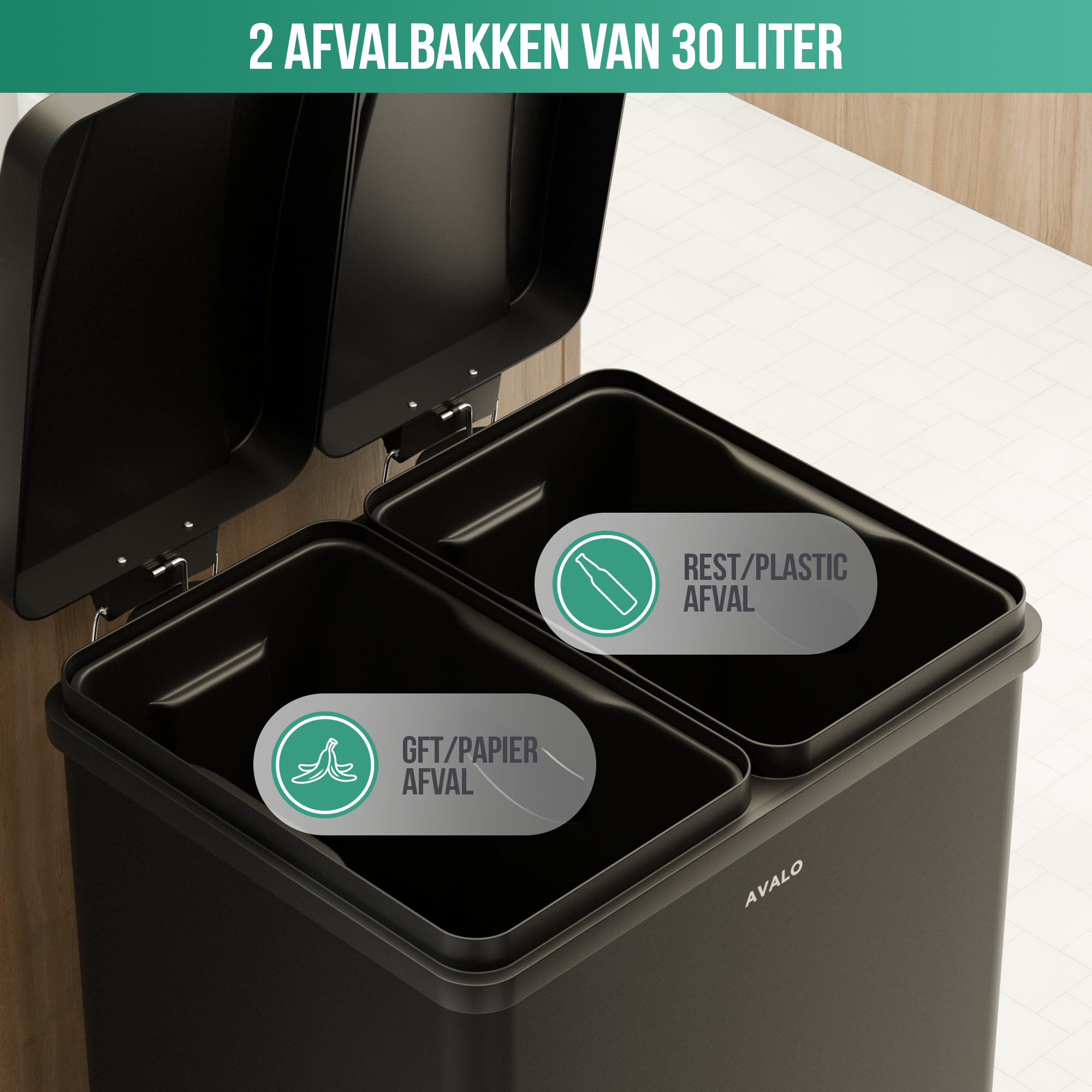 Two black trash cans with lids open. Labels show trash types: rest/plastic, and organic/paper.