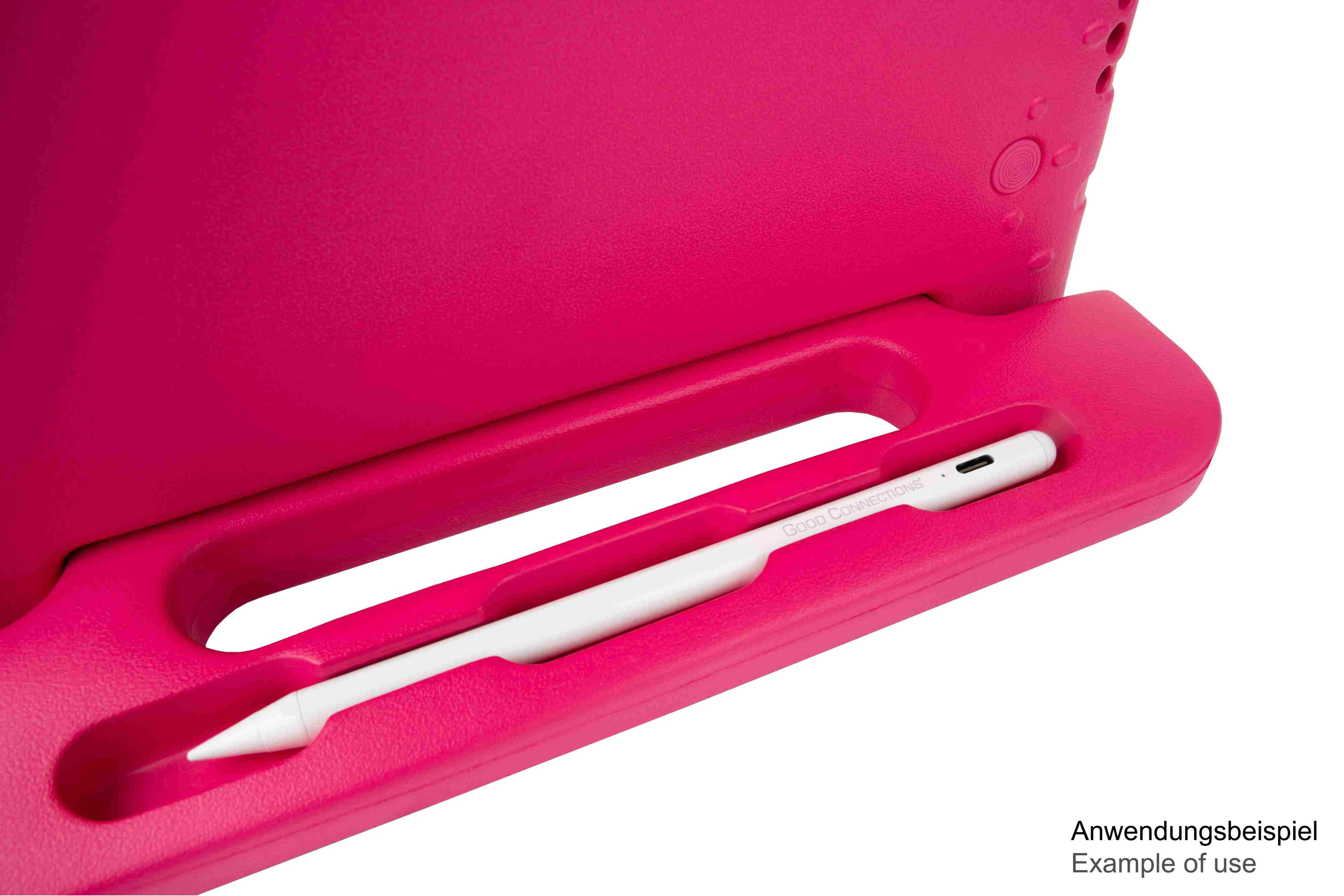 Eine rosa Tablett-Hülle mit einem weißen Stift in einer Halterung. Die Hülle ist offen.