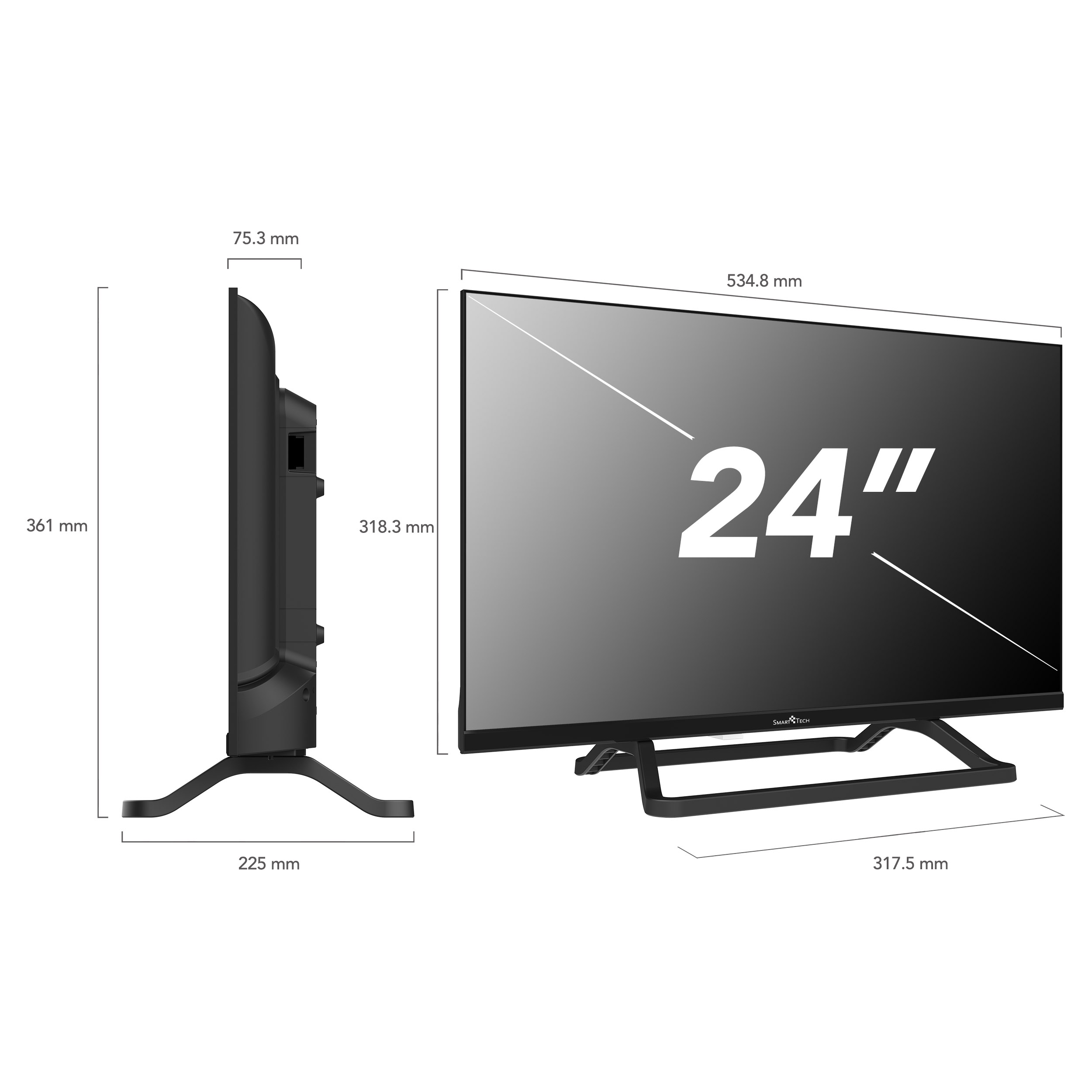 24-calowy czarny telewizor z wymiarami. Widok z boku i z przodu.