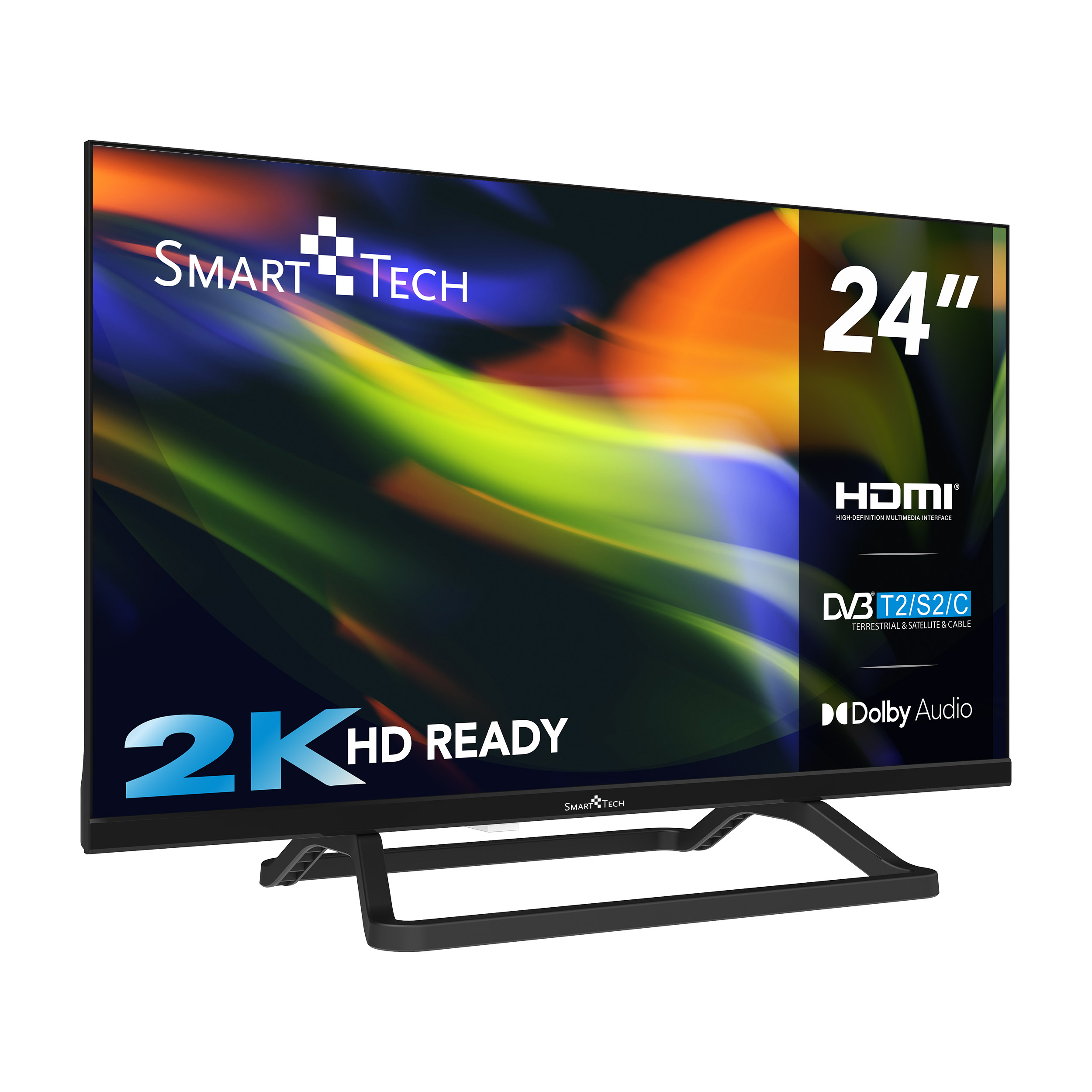 24-calowy telewizor Smart Tech z czarną ramką. Wyświetla logo HDMI i 2K HD READY. Tło jest białe.