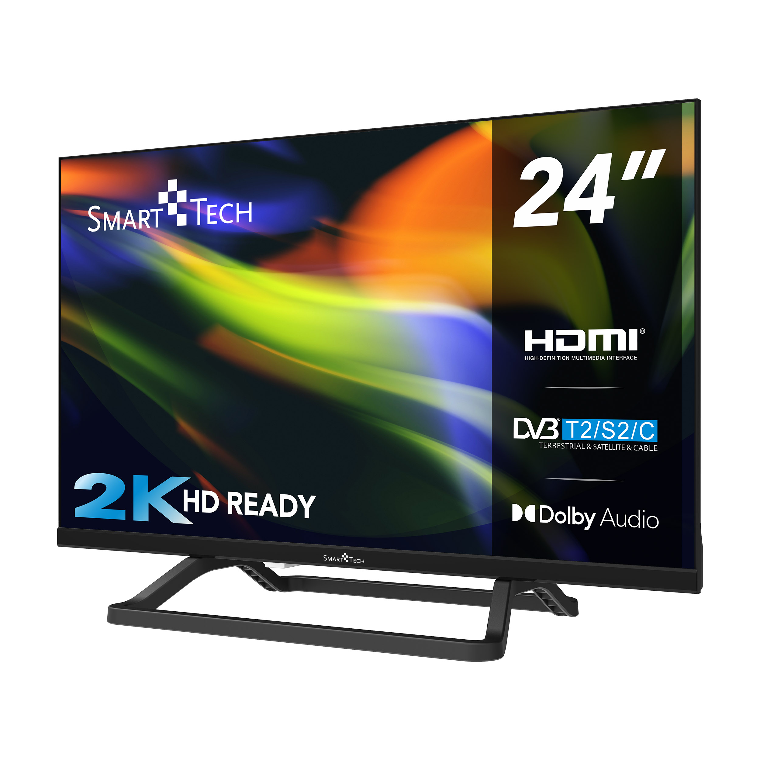 Telewizor Smart Tech 24 cale z 2K HD, HDMI i Dolby Audio, z czarnym stojakiem.