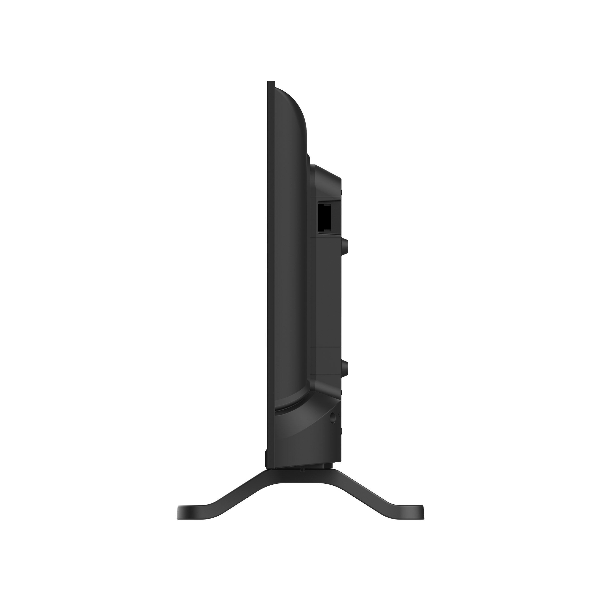 Czarny telewizor, widok z boku. Telewizor stoi na stojaku. Stojak jest czarny i zakrzywiony.