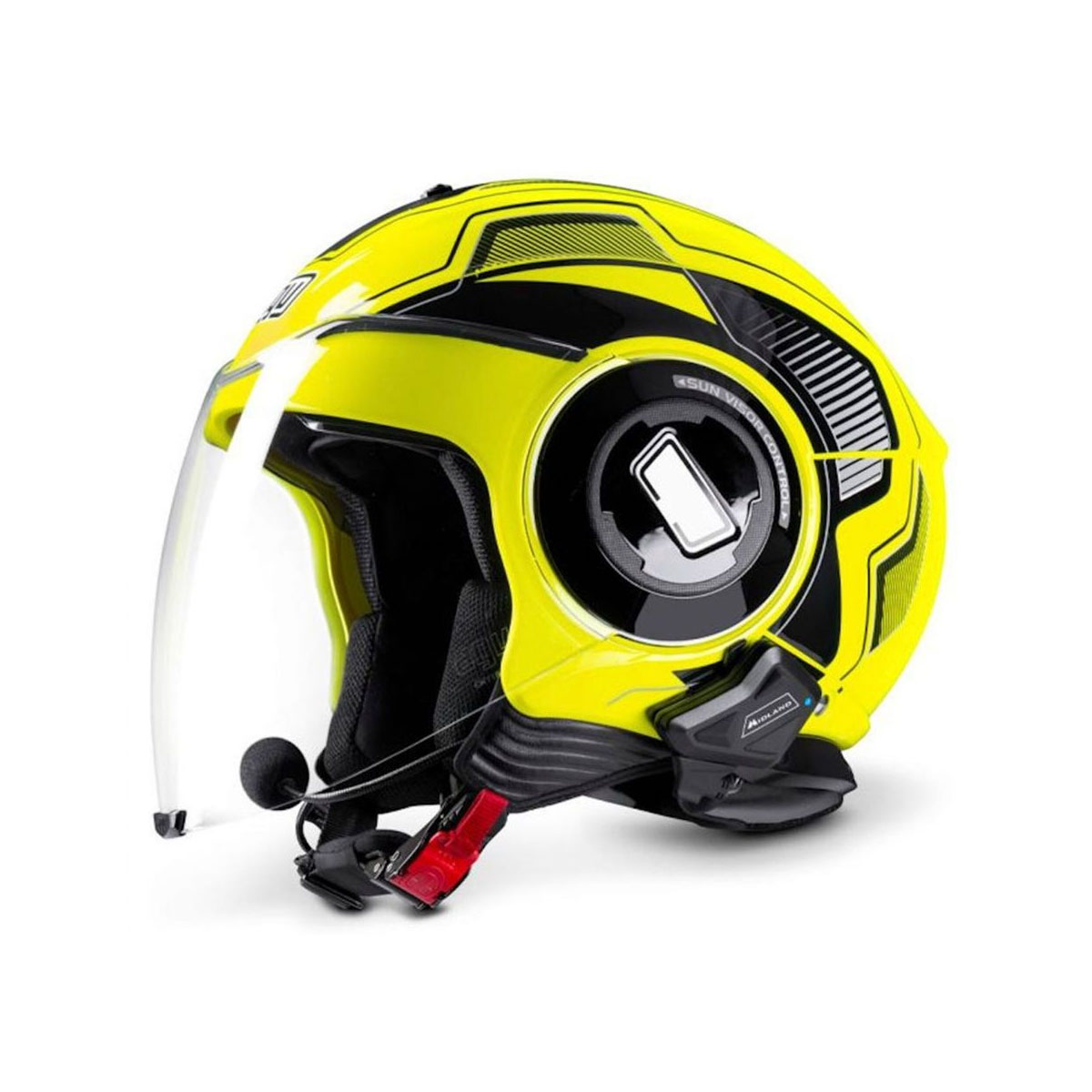 Żółto-czarny kask motocyklowy z przezroczystym wizjerem. Posiada mikrofon i system komunikacji.