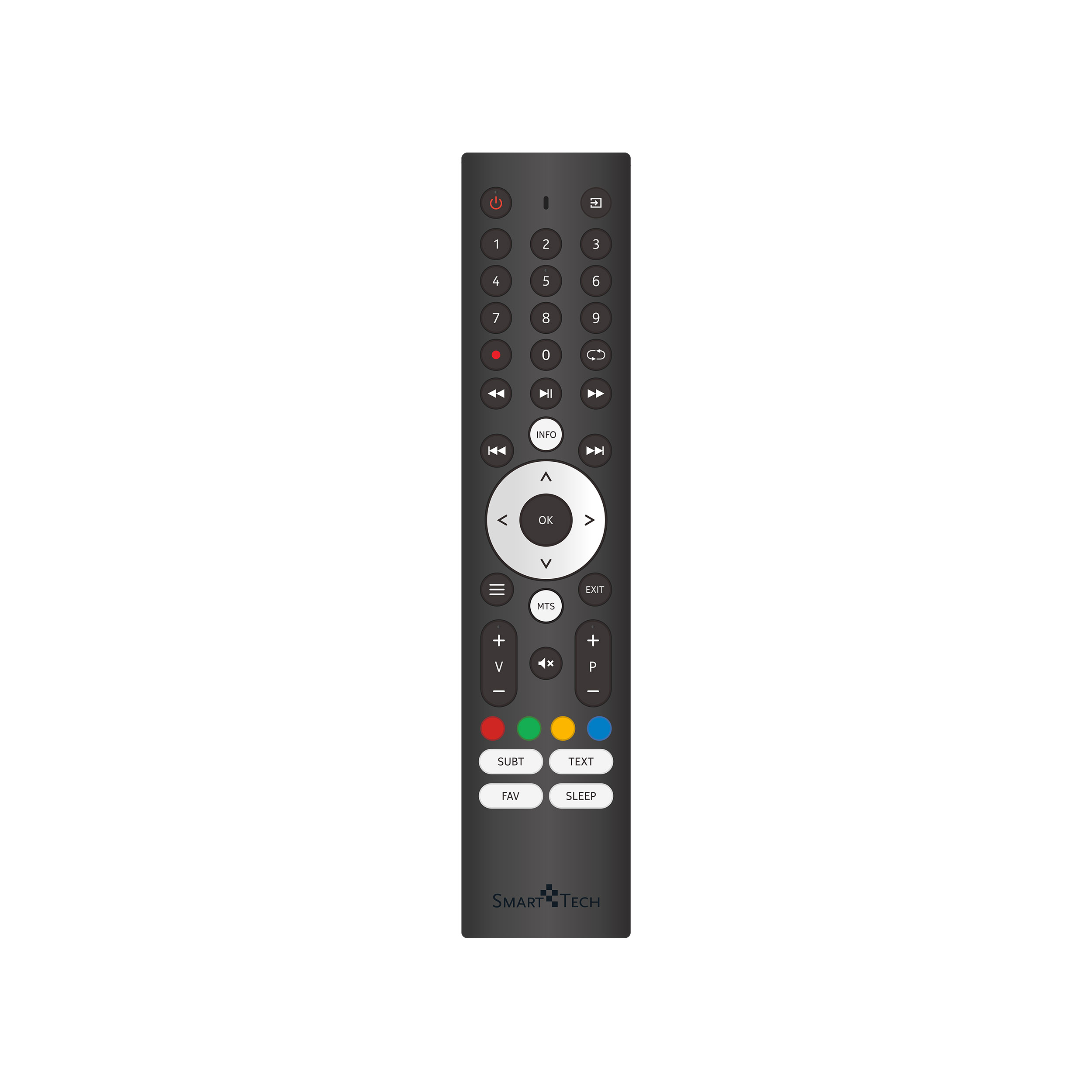 Eine schwarze TV-Fernbedienung mit mehreren Tasten. Unten befindet sich ein Smart Tech-Logo.