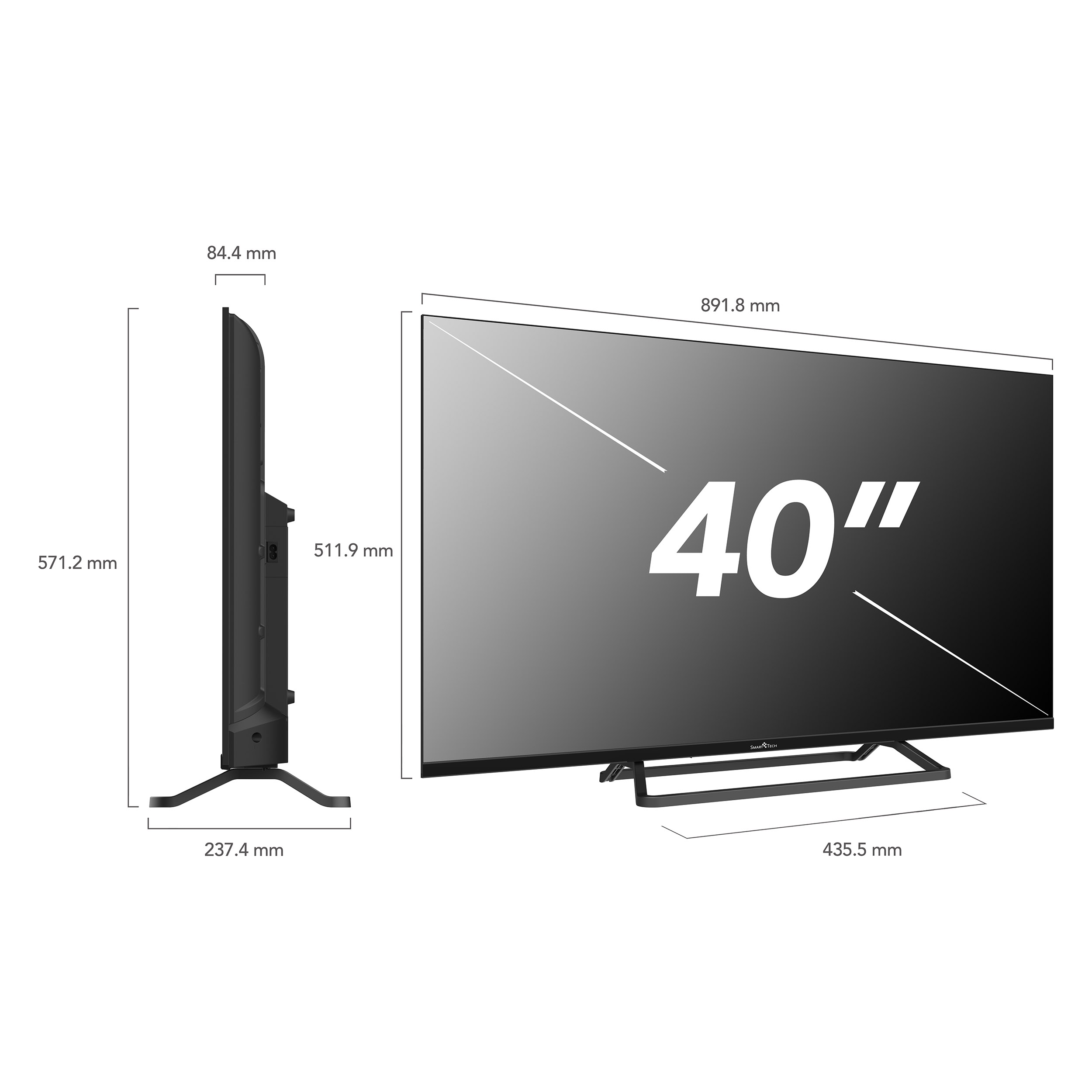 40-Zoll-Schwarz-TV mit angezeigten Abmessungen. Seitenansicht zeigt Dicke, Frontansicht zeigt Bildschirmgröße.