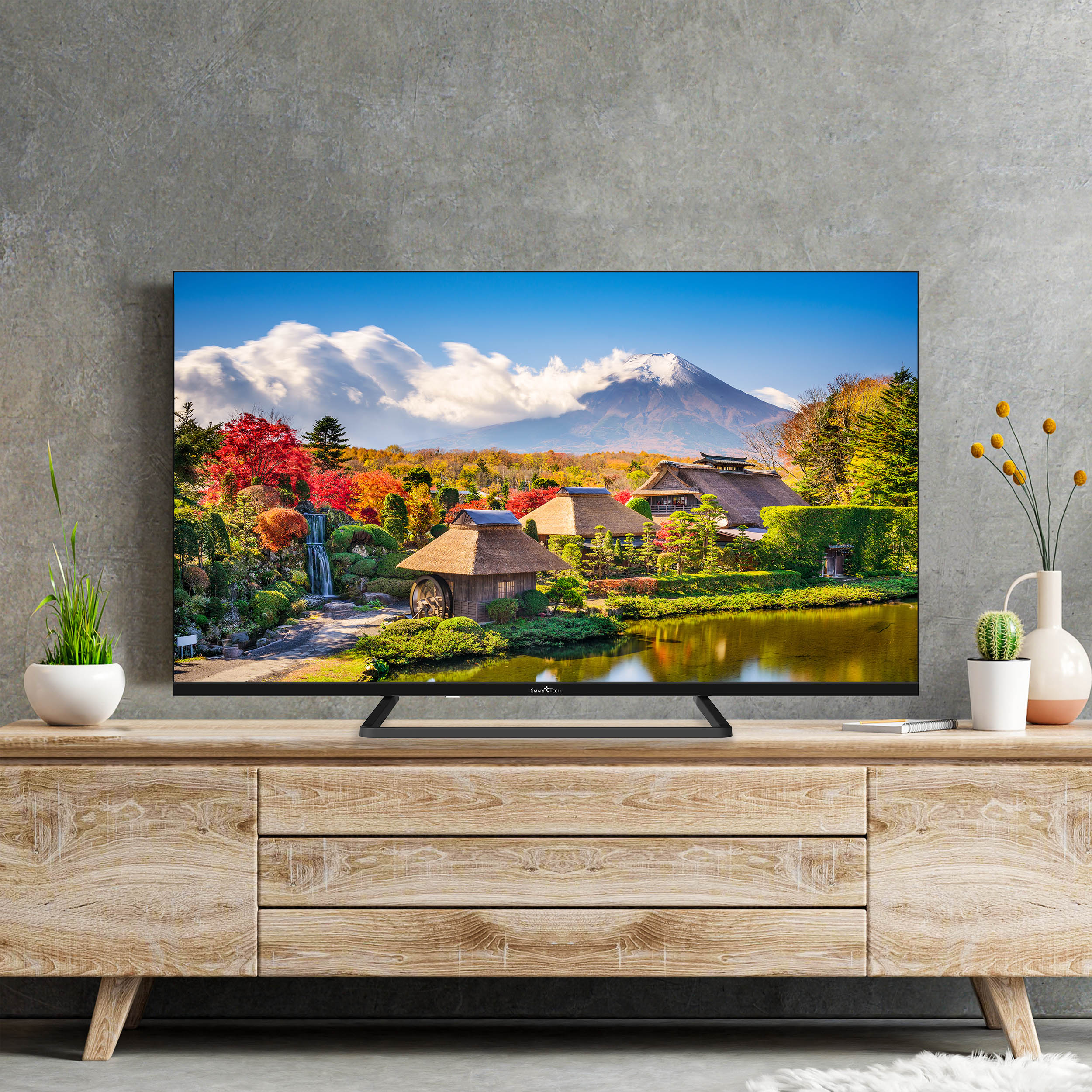 TV mit malerischer Landschaft mit See, Bergen und traditionellen Häusern, auf Holzständer.