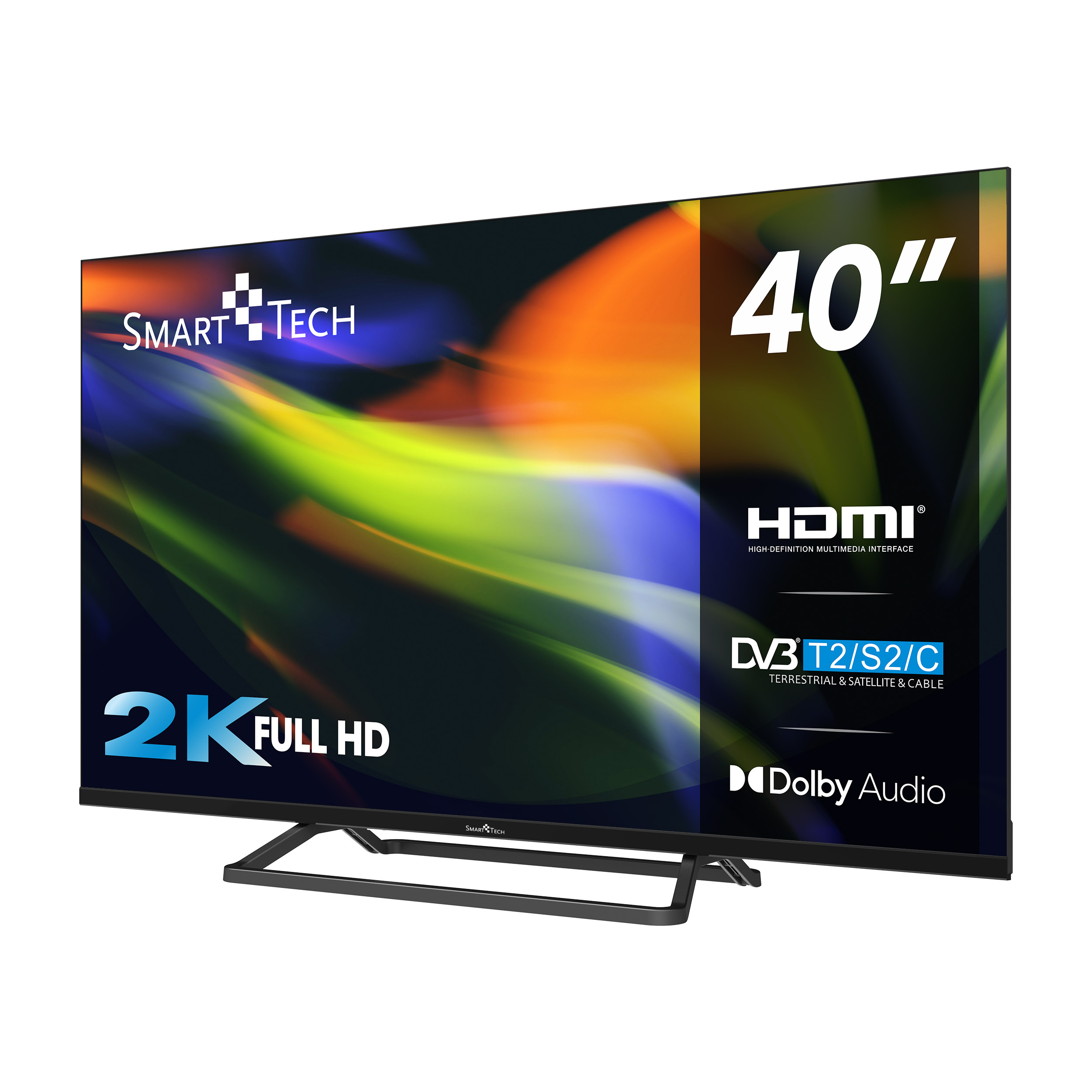 Ein 40-Zoll-Smart-Tech-TV mit 2K FULL HD und HDMI-, DVB- und Dolby Audio-Labels.