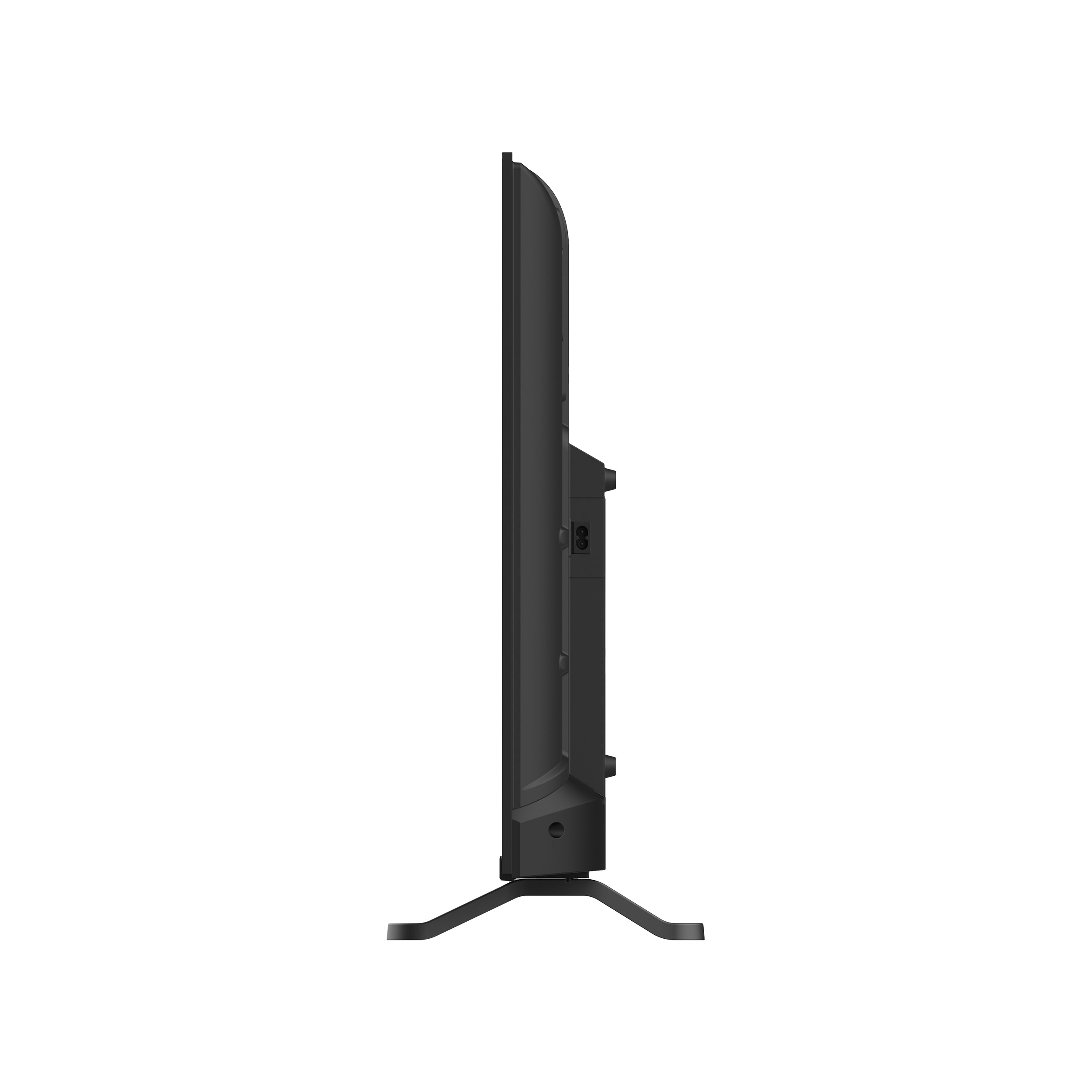 Ein schwarzer Fernseher steht aufrecht. Er hat einen schwarzen Rahmen und einen Ständer.
