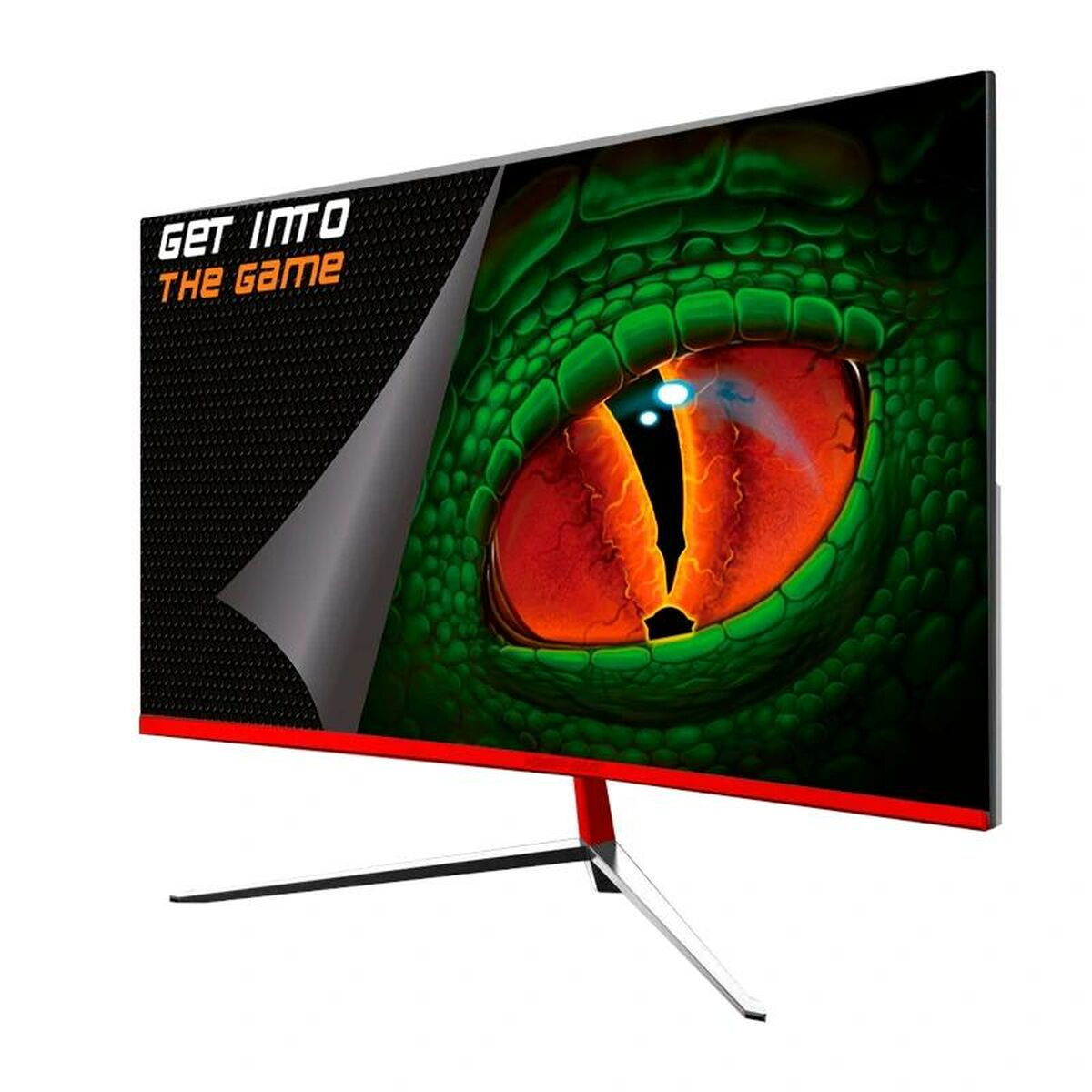Gaming-Monitor mit Drachenaugen-Grafik auf dem Bildschirm. Der Monitor ist rot und schwarz und hat einen silbernen Ständer.