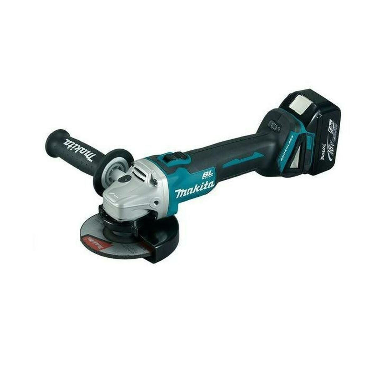 Meuleuse d'angle Makita. Noir et bleu sarcelle. Dispose d'une poignée latérale et d'un disque à meuler.