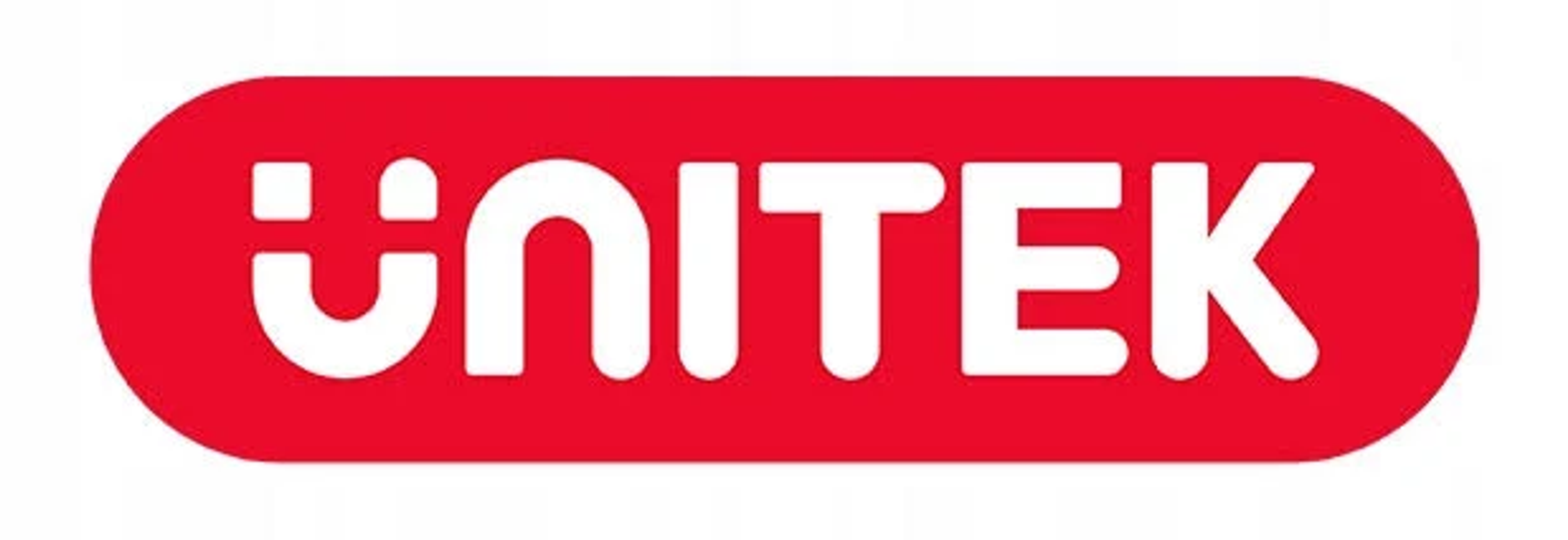 Rotes UNITEK-Logo auf weißem Hintergrund. Der Text UNITEK in einem Rechteck.