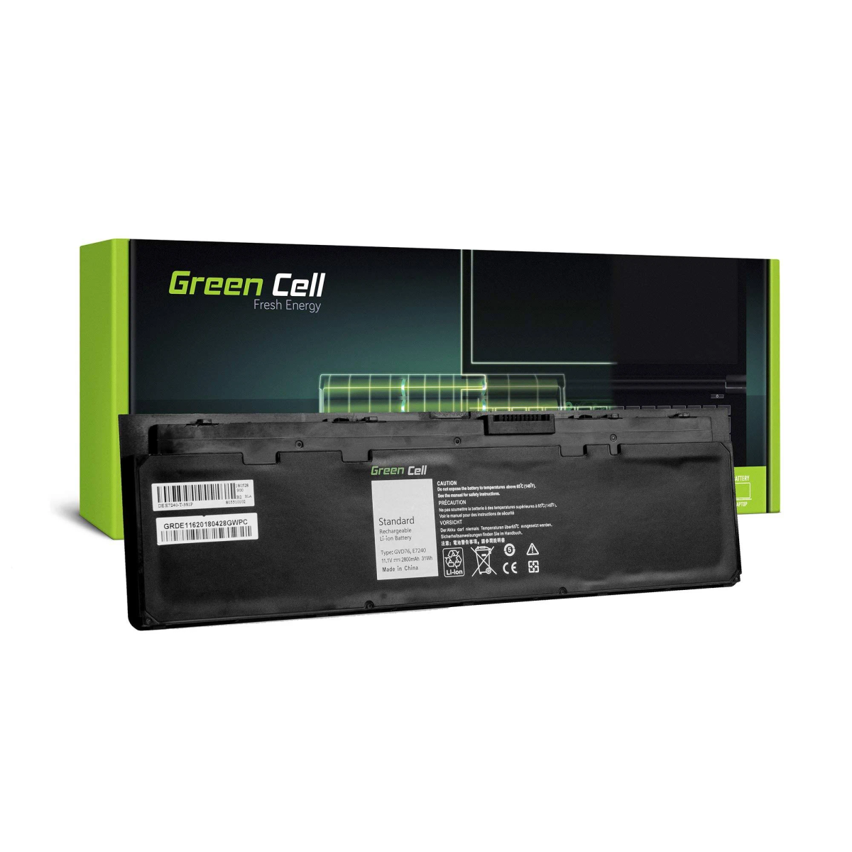 Batteria per laptop Green Cell davanti a una scatola. Testo sulla scatola: Green Cell, Fresh Energy.
