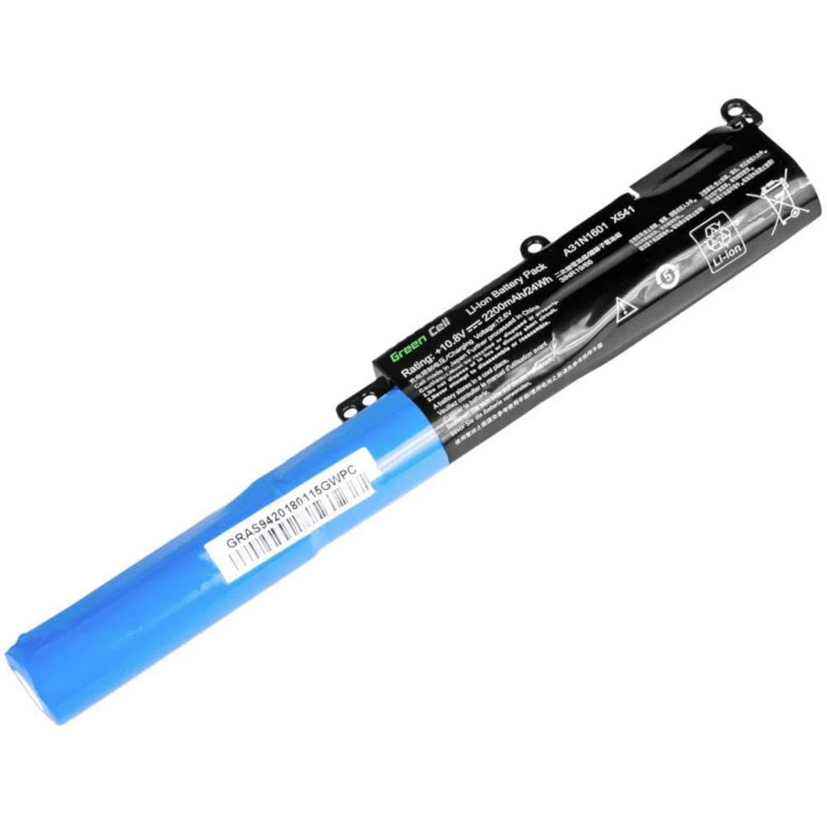 Ein Lithium-Ionen-Akkupack. Er ist schwarz und blau mit Text.