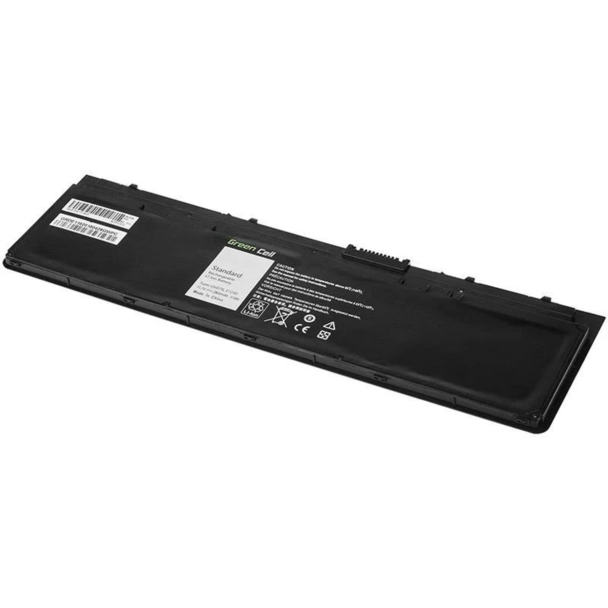 Batteria per laptop nera con etichetta verde. Il testo sull'etichetta è visibile.