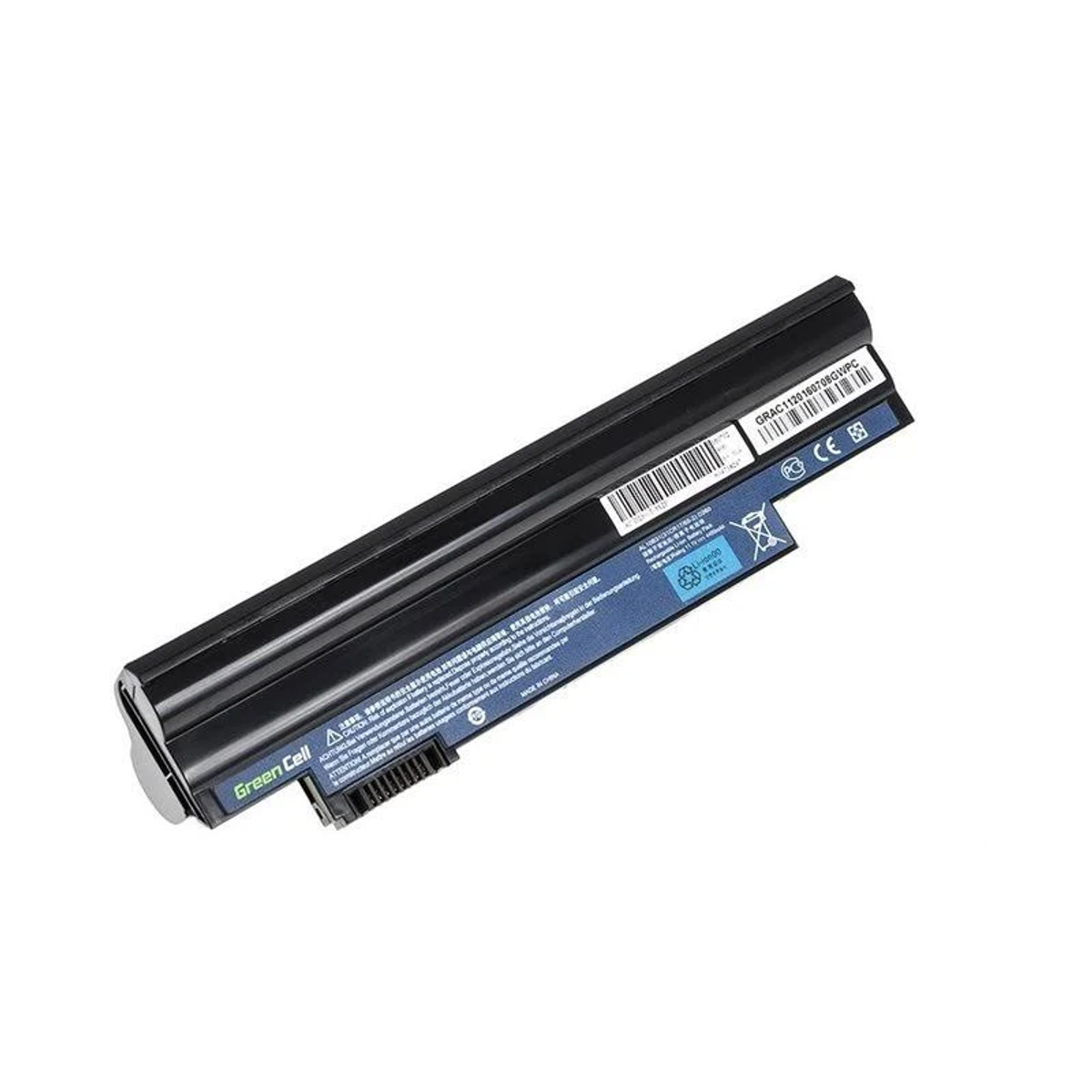 Schwarzer Laptop-Akku mit blauem Etikett und Barcode.