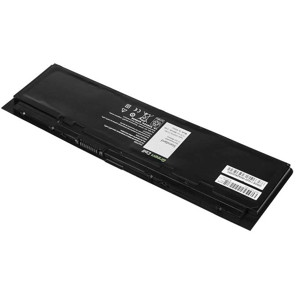Batteria per laptop, nera, con etichette e sfondo bianco.