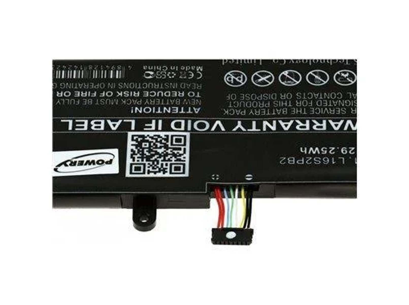 Etykieta baterii z ostrzeżeniami i kodem QR.