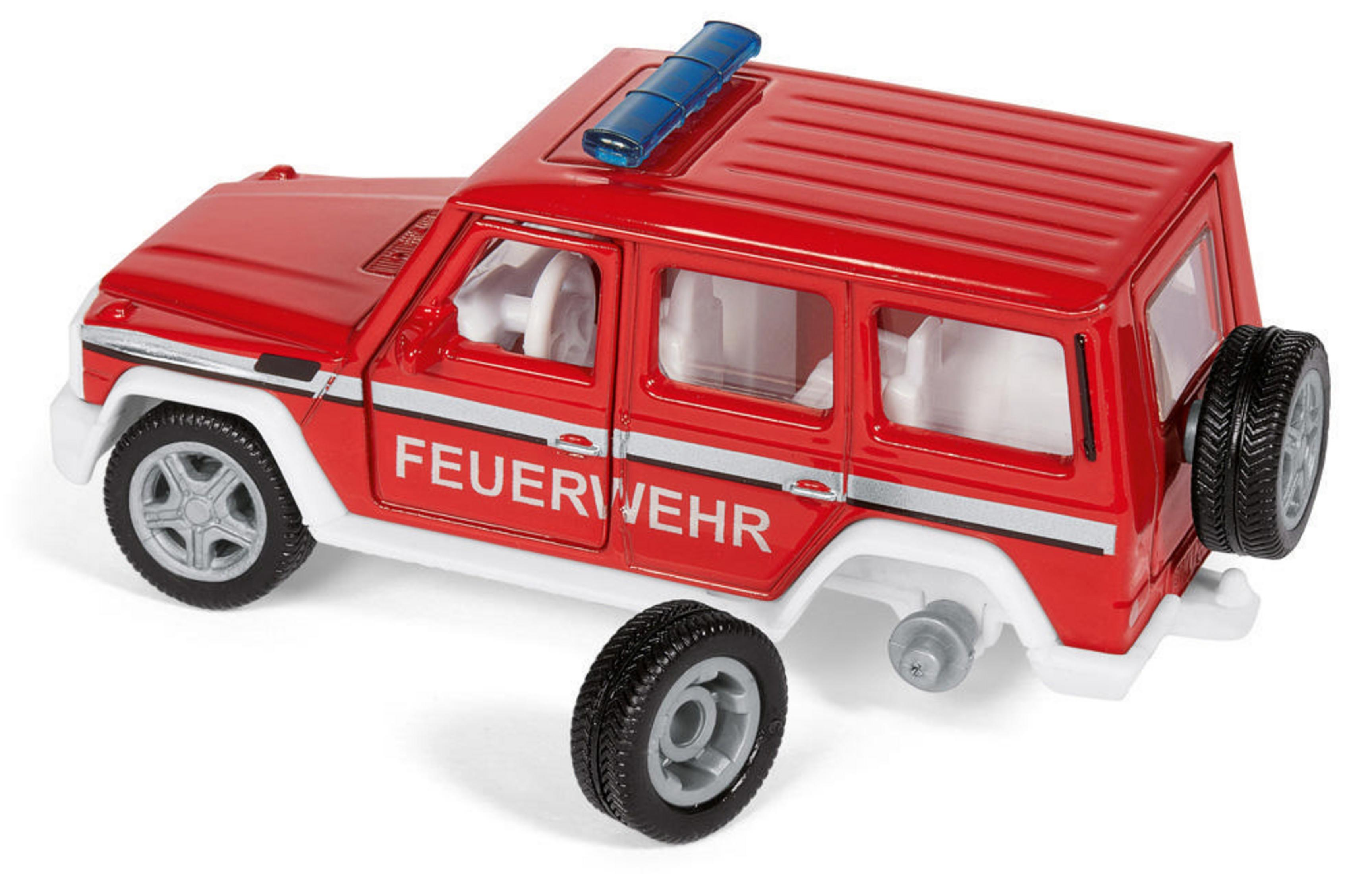 Roter Spielzeug-Feuerwehrwagen mit weißen Akzenten und dem Wort 'FEUERWEHR'.