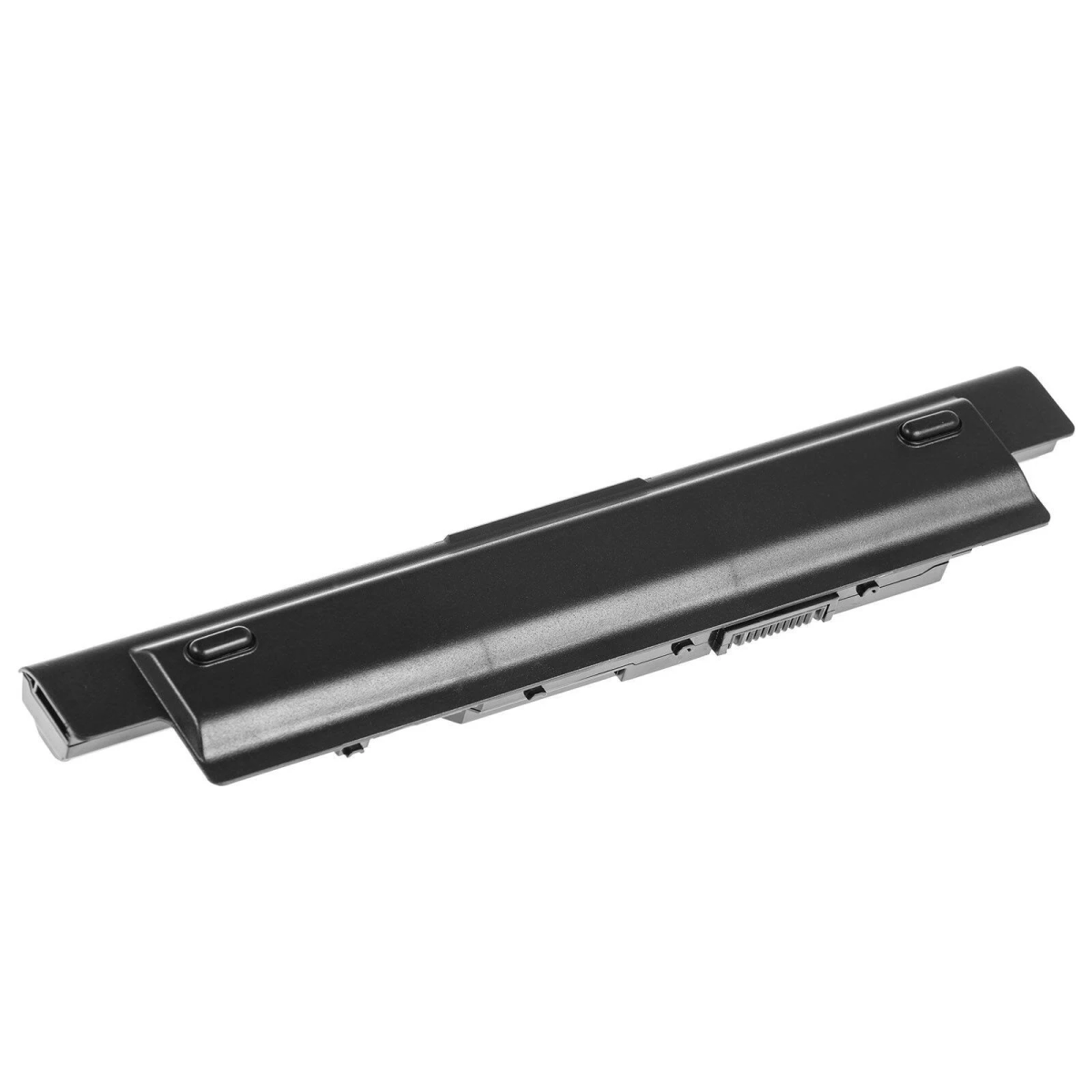 Schwarzer Laptop-Akku, rechteckige Form mit abgerundeten Kanten, liegt auf weißer Oberfläche.