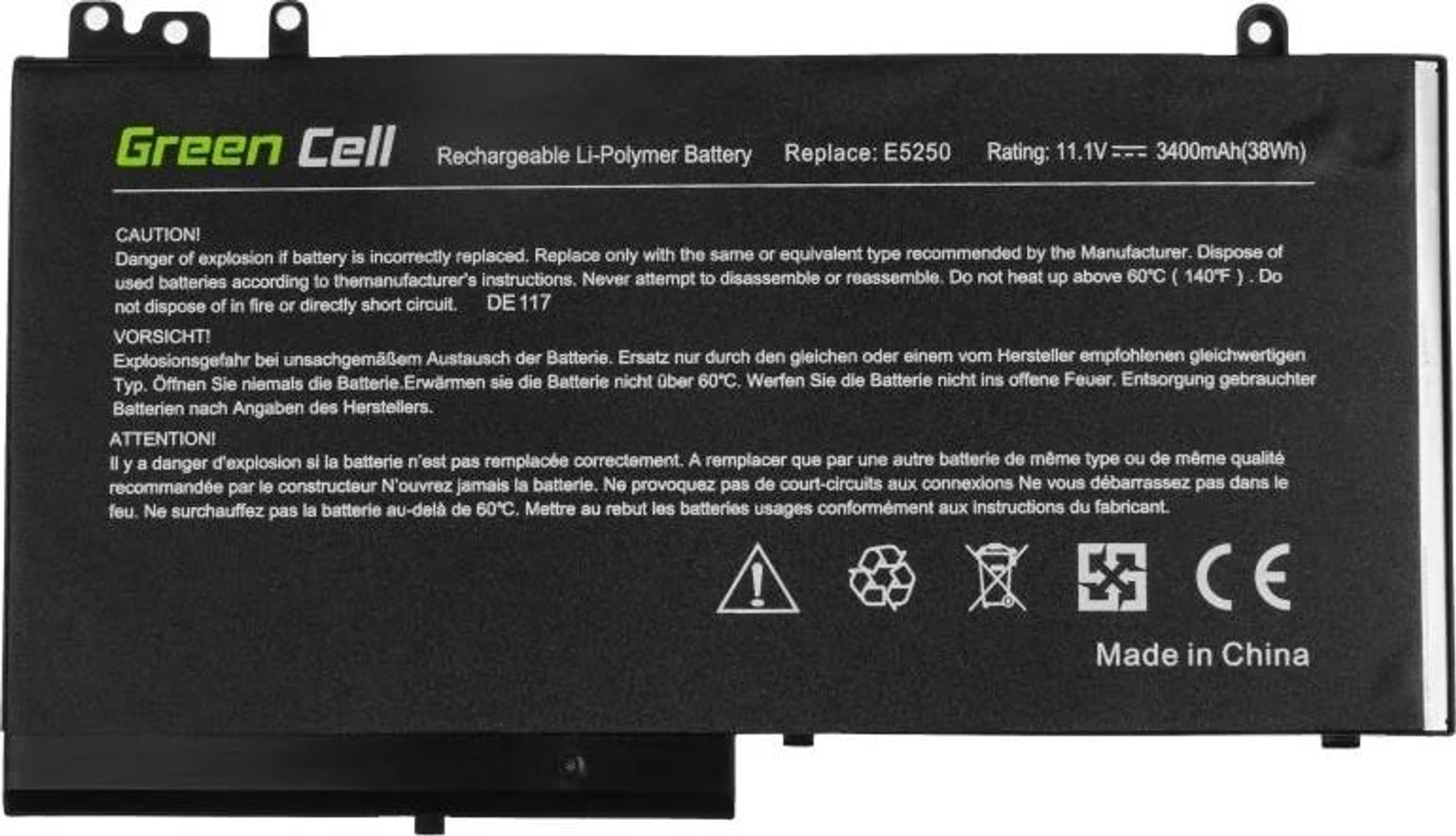 Bateria do laptopa z tekstem i ostrzeżeniami. Kolor czarny i szary.