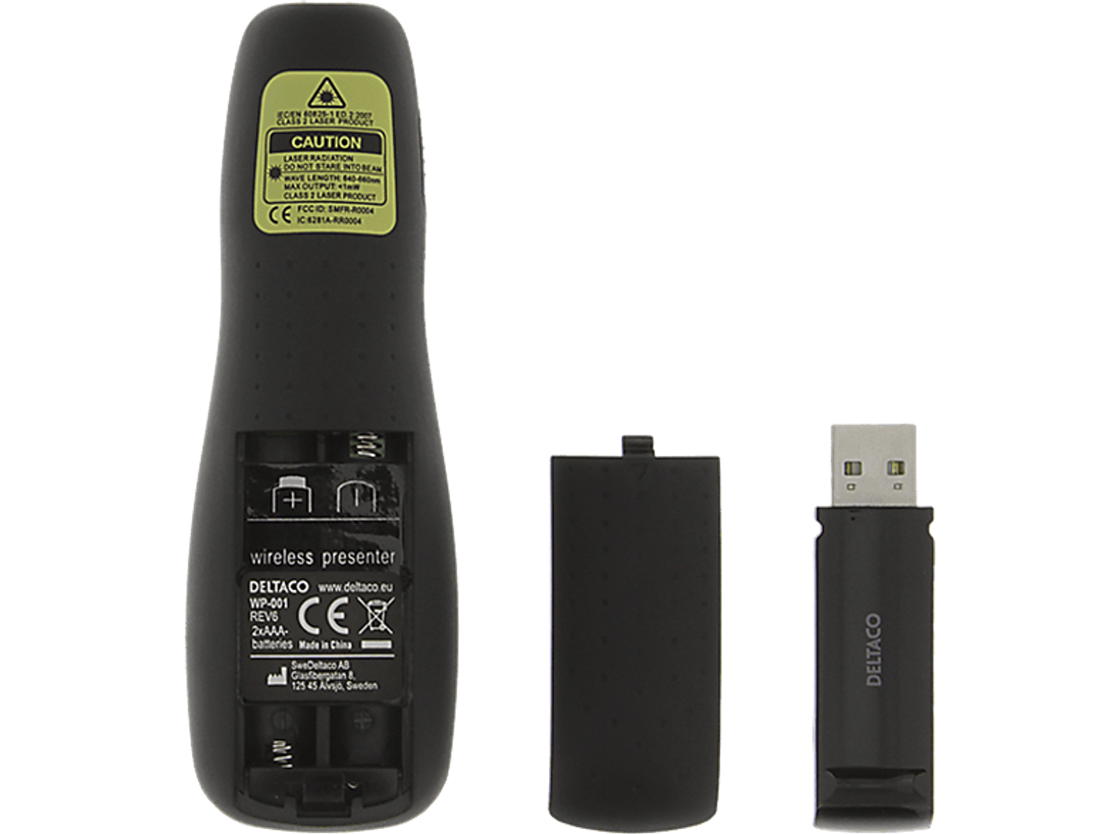 Schwarzer drahtloser Präsentationsredner, eine Batterie und ein USB-Empfänger auf hellgrauem Hintergrund.