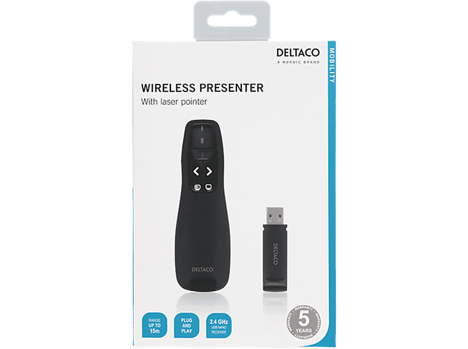 Schwarze Präsentationsfernbedienung und USB-Empfänger in einer Box. Tasten und ein Laserpointer. Weißer Hintergrund.