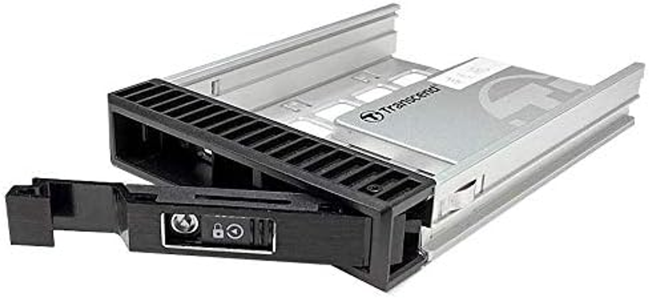 Silber-schwarzes Festplattengehäuse, teilweise geöffnet, Transcend-Logo sichtbar. Schwarzer Halter.