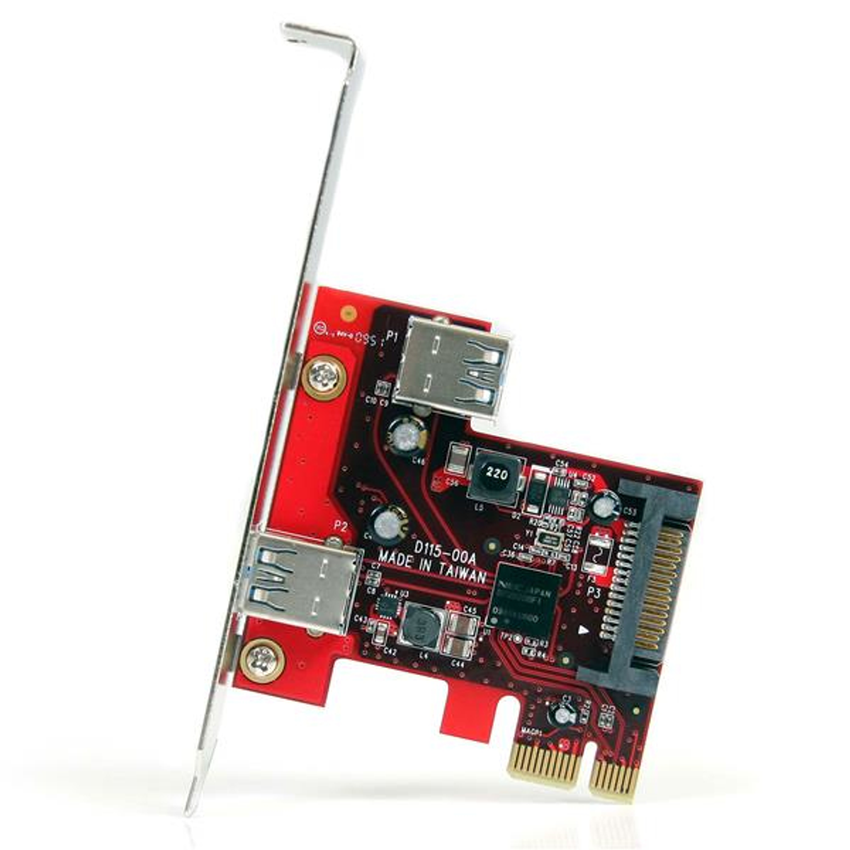 Carte de circuit imprimé rouge avec ports USB et connecteurs, fixée à un support métallique.