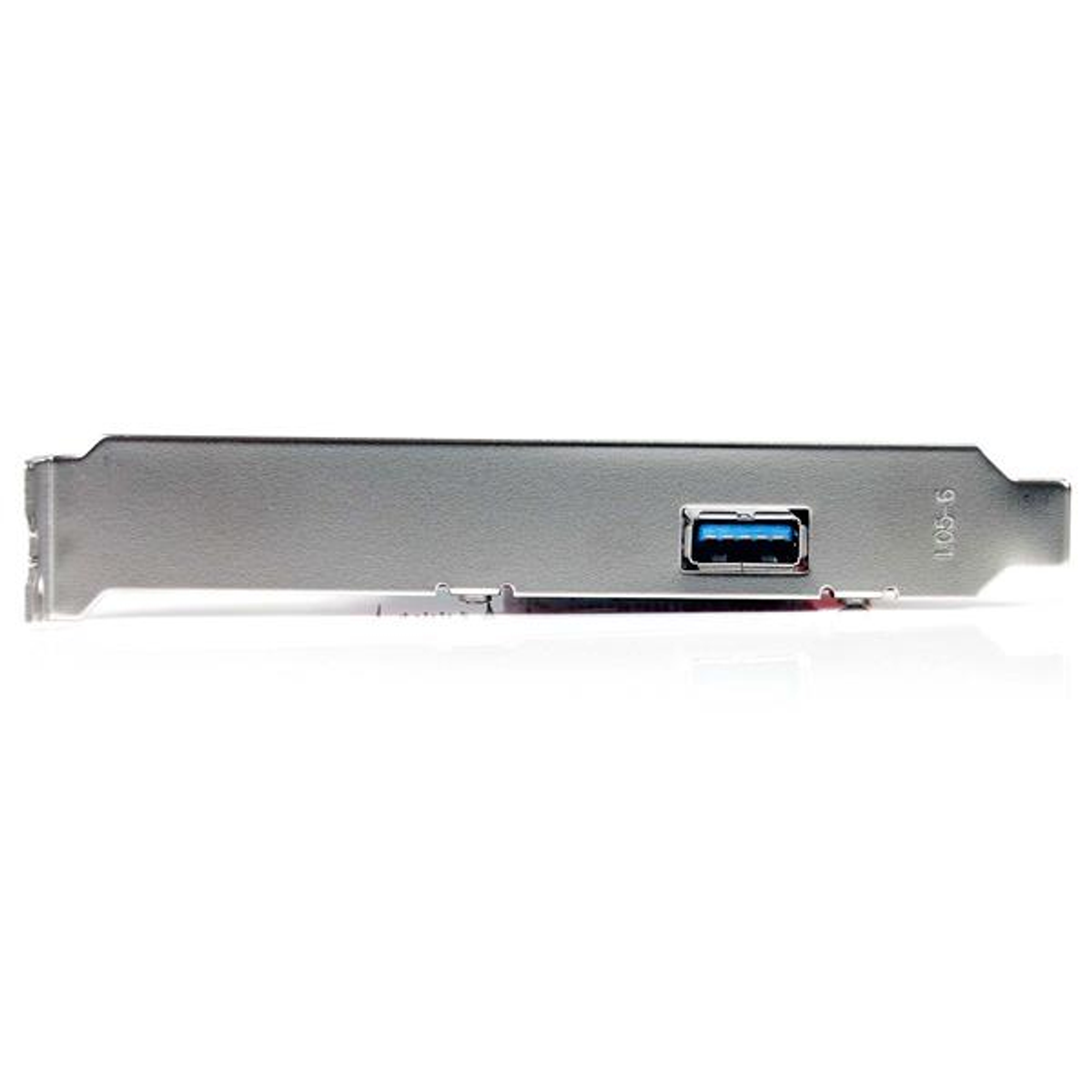 Une carte d'extension USB 3.0 argentée avec un port USB bleu, vue de côté sur fond blanc.