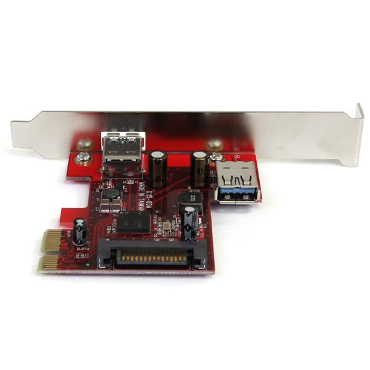 Une carte de circuit imprimé rouge et argentée avec ports USB et un connecteur.