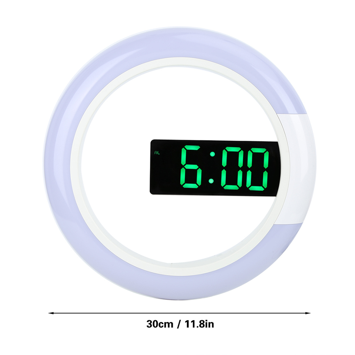 Runde Uhr zeigt 6:00 in grünen Ziffern. Sie hat einen weißen Außenring und steht auf weißem Grund.
