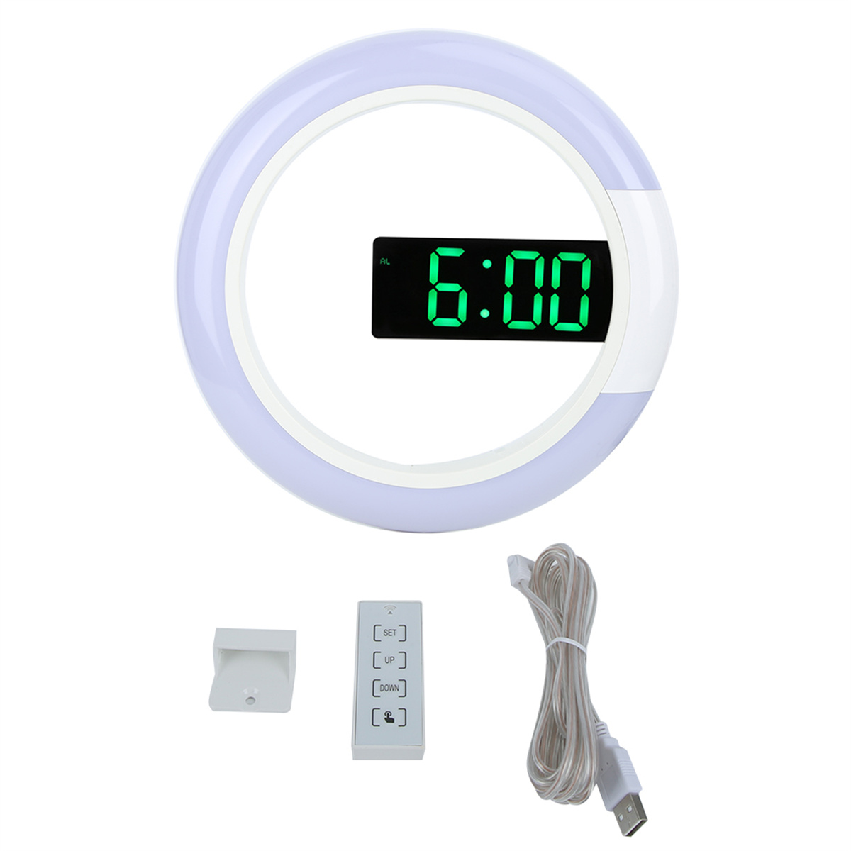 Weiße runde Uhr mit grüner Digitalanzeige (6:00), mit Fernbedienung und Kabel.