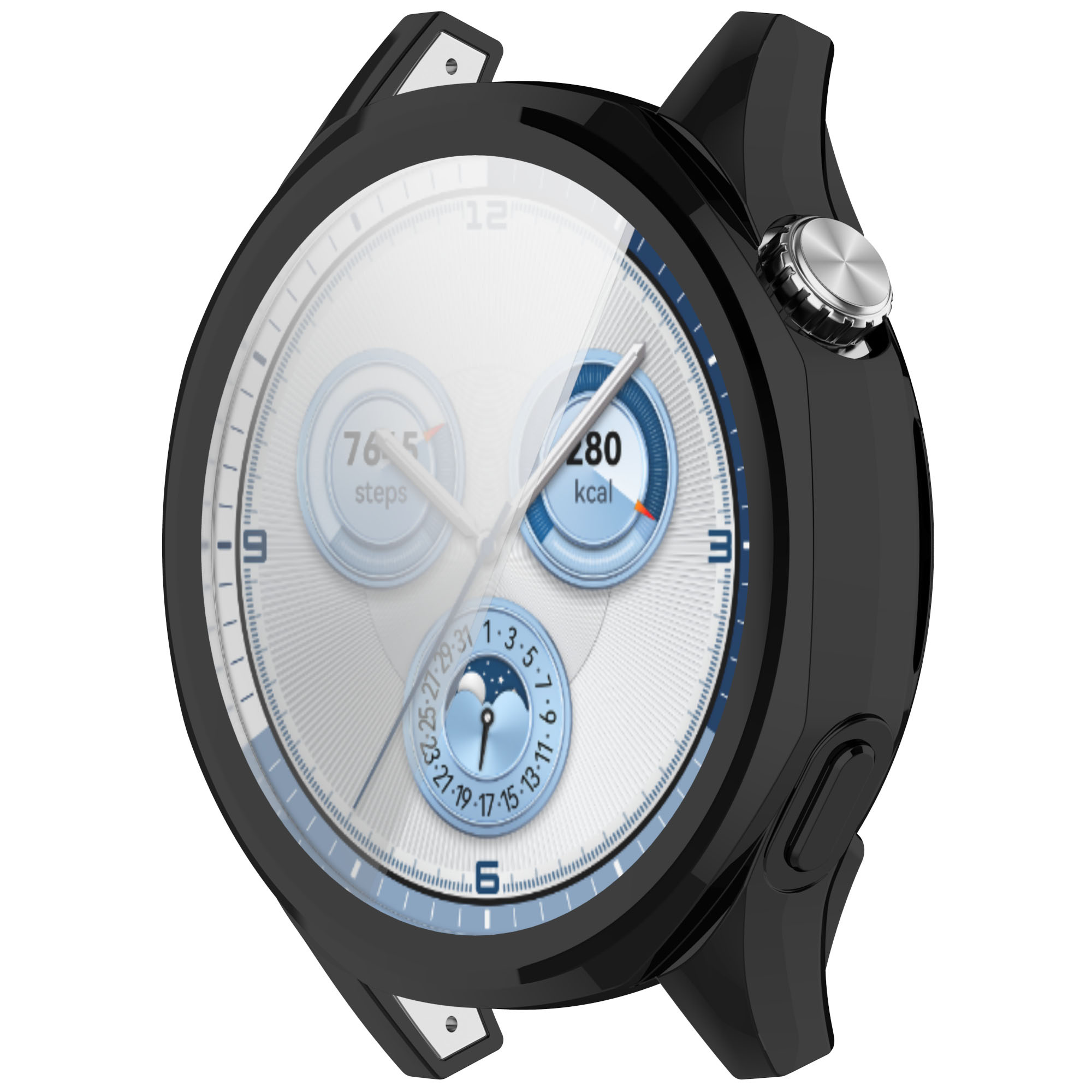 Eine schwarze Smartwatch mit Anzeige von Schritten, Kalorien und Datum, vor weißem Hintergrund.