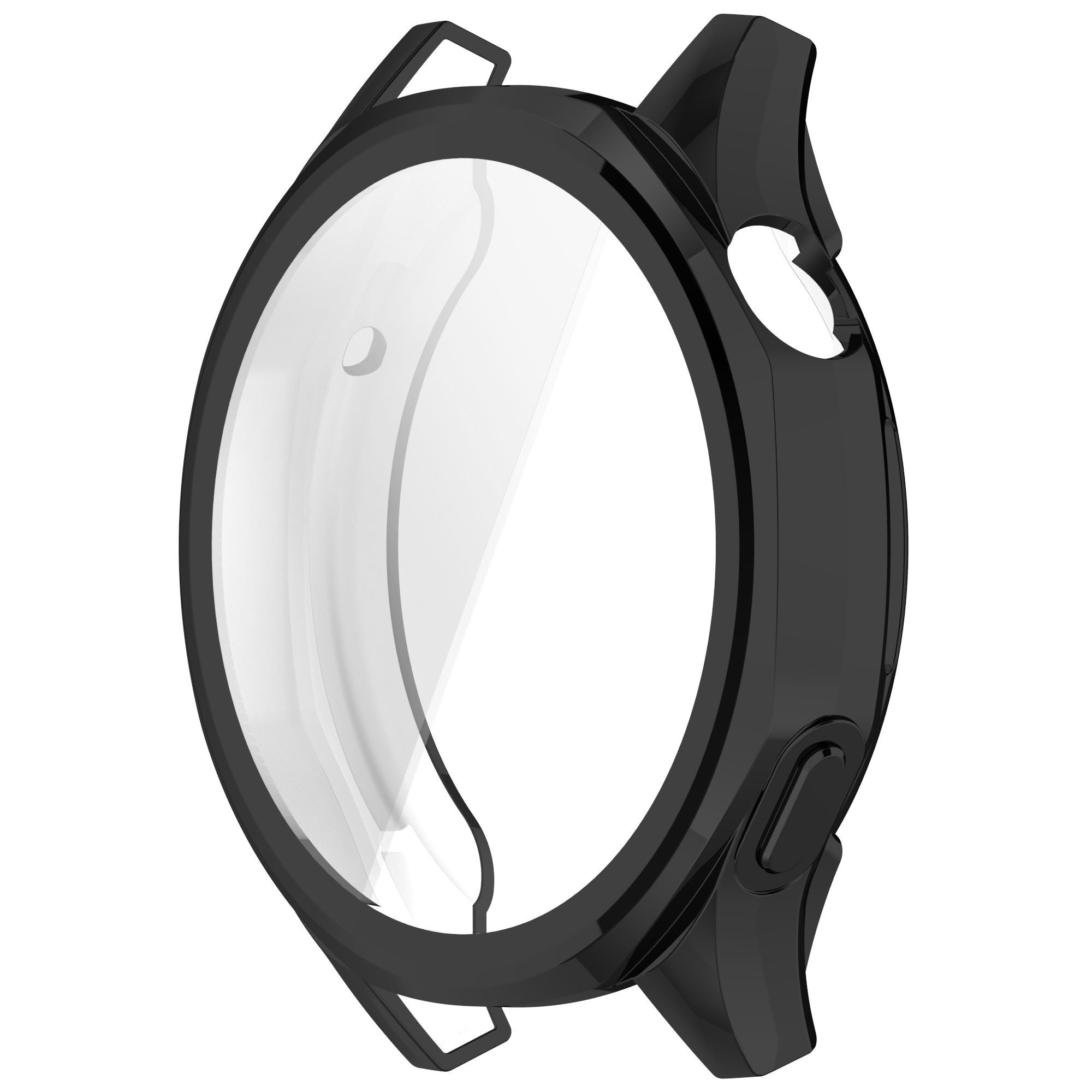 Schwarze Smartwatch-Hülle mit klarem Displayschutz, kreisförmige Form.