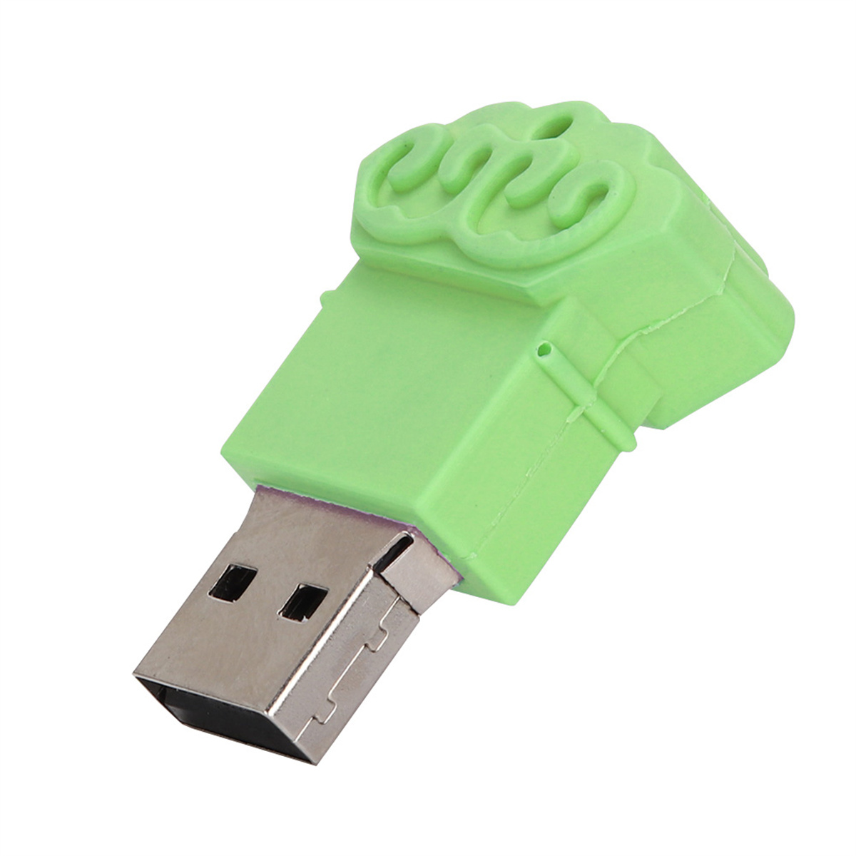 Grüner USB-Stick mit einzigartigem, strukturiertem Design. Isoliert auf weißem Hintergrund.