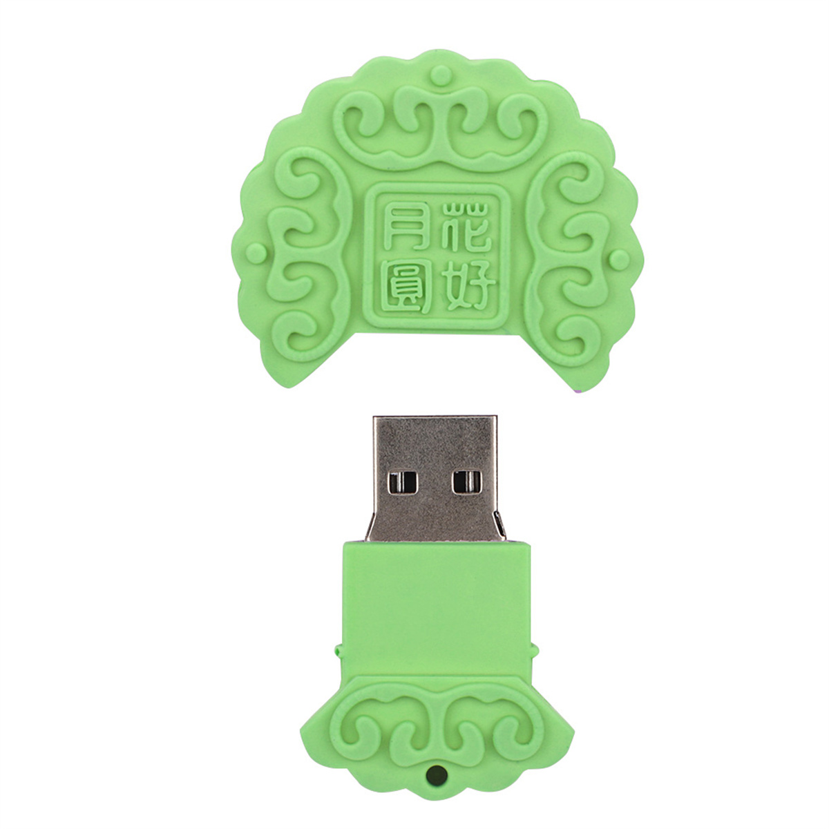 Grüner USB-Stick, mit dekorativer Oberseite, grünem Boden und USB-Anschluss.