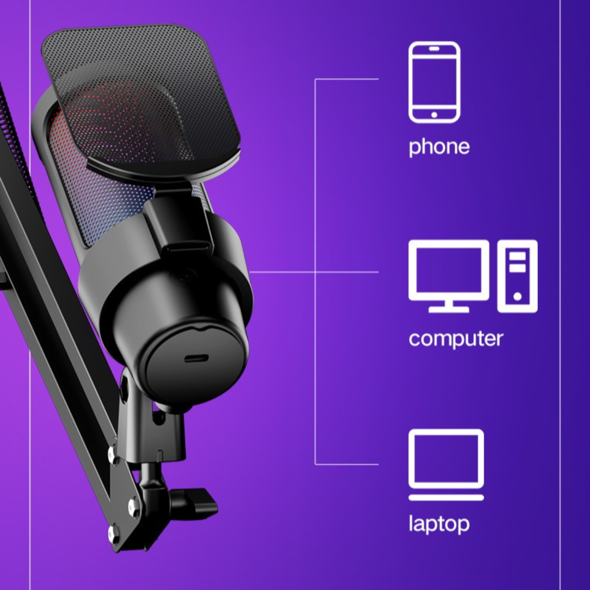 Ein schwarzes Mikrofon mit Ständer und Diagramm mit Anschlüssen für Telefon, Computer und Laptop.