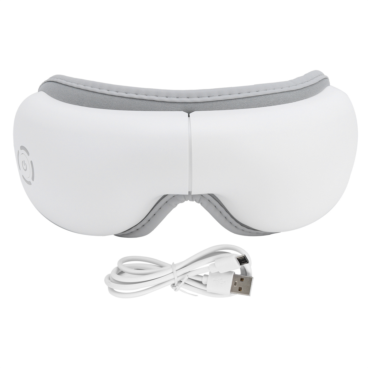 Weißer Augenmassager mit grauer Polsterung und USB-Kabel. Das Gerät steht vor weißem Hintergrund.
