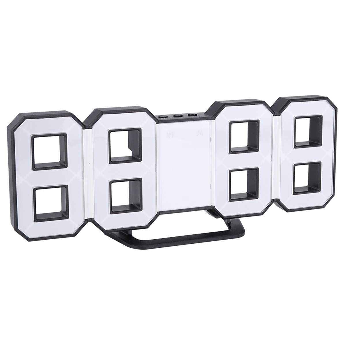 Eine schwarze Digitaluhr mit weißen Ziffern auf weißem Hintergrund.