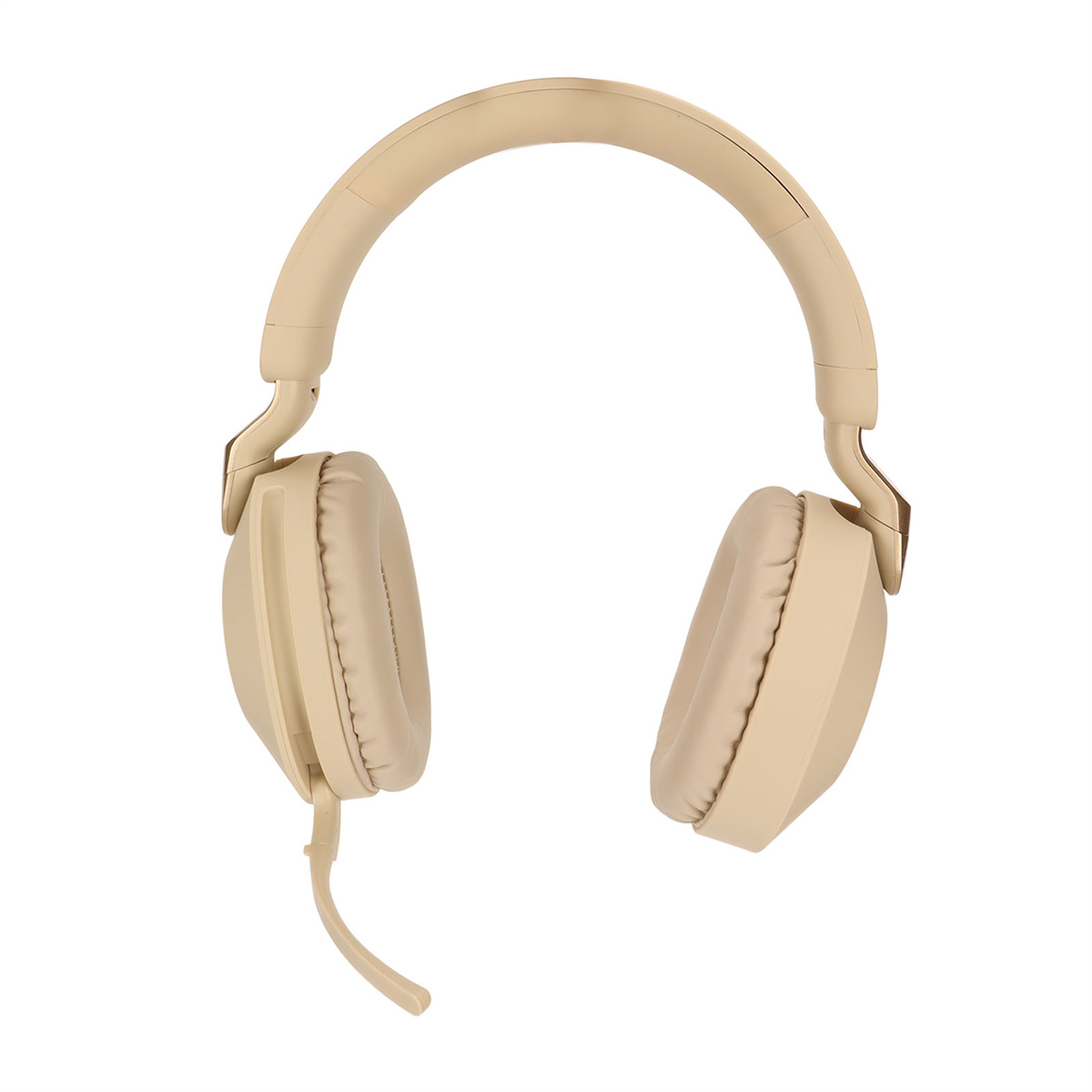 Beige Kopfhörer mit Mikrofon, das an der linken Ohrmuschel befestigt ist.