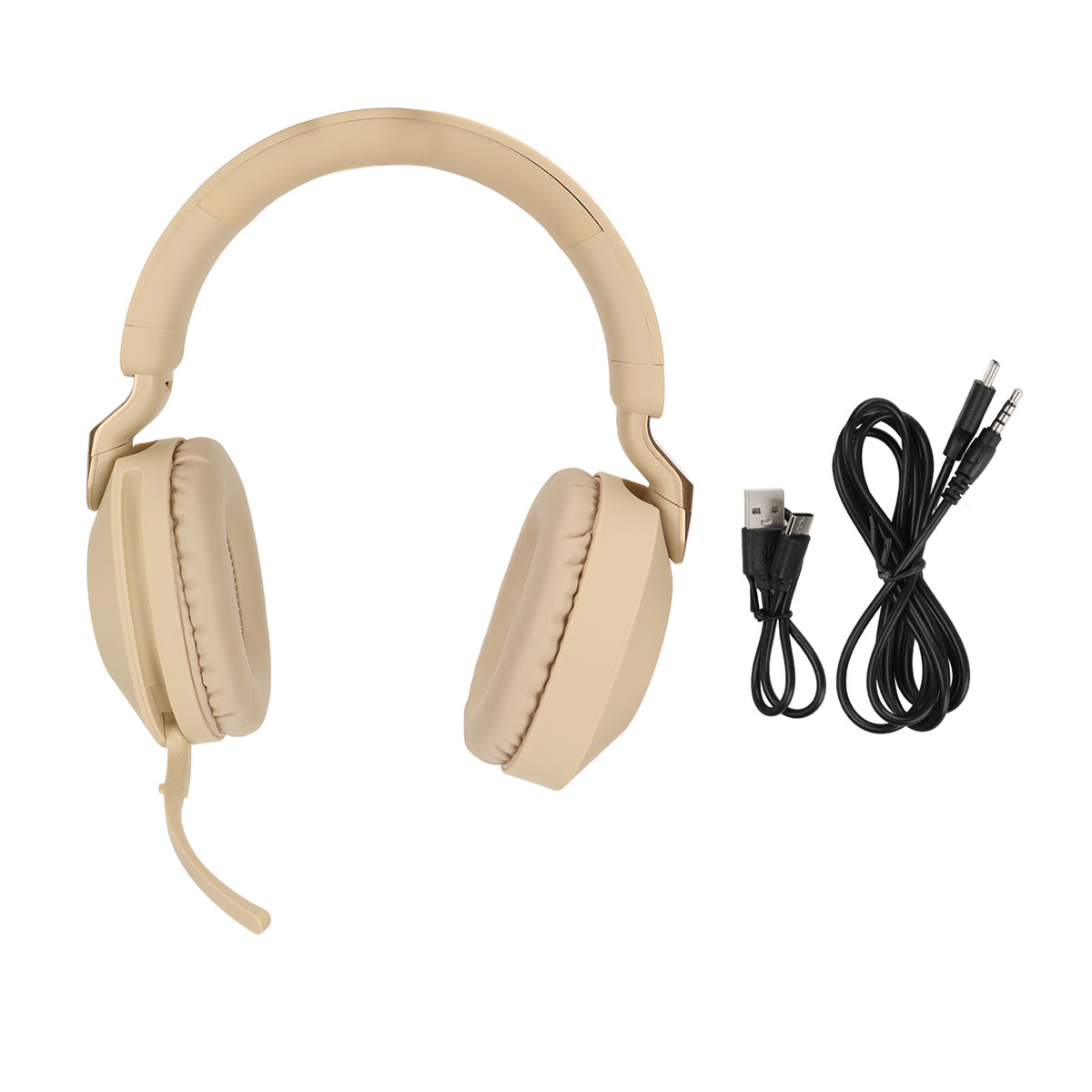 Beige Kopfhörer mit Ohrmuscheln und Bügel, zusammen mit Ladekabeln und USB-C-Kabel.