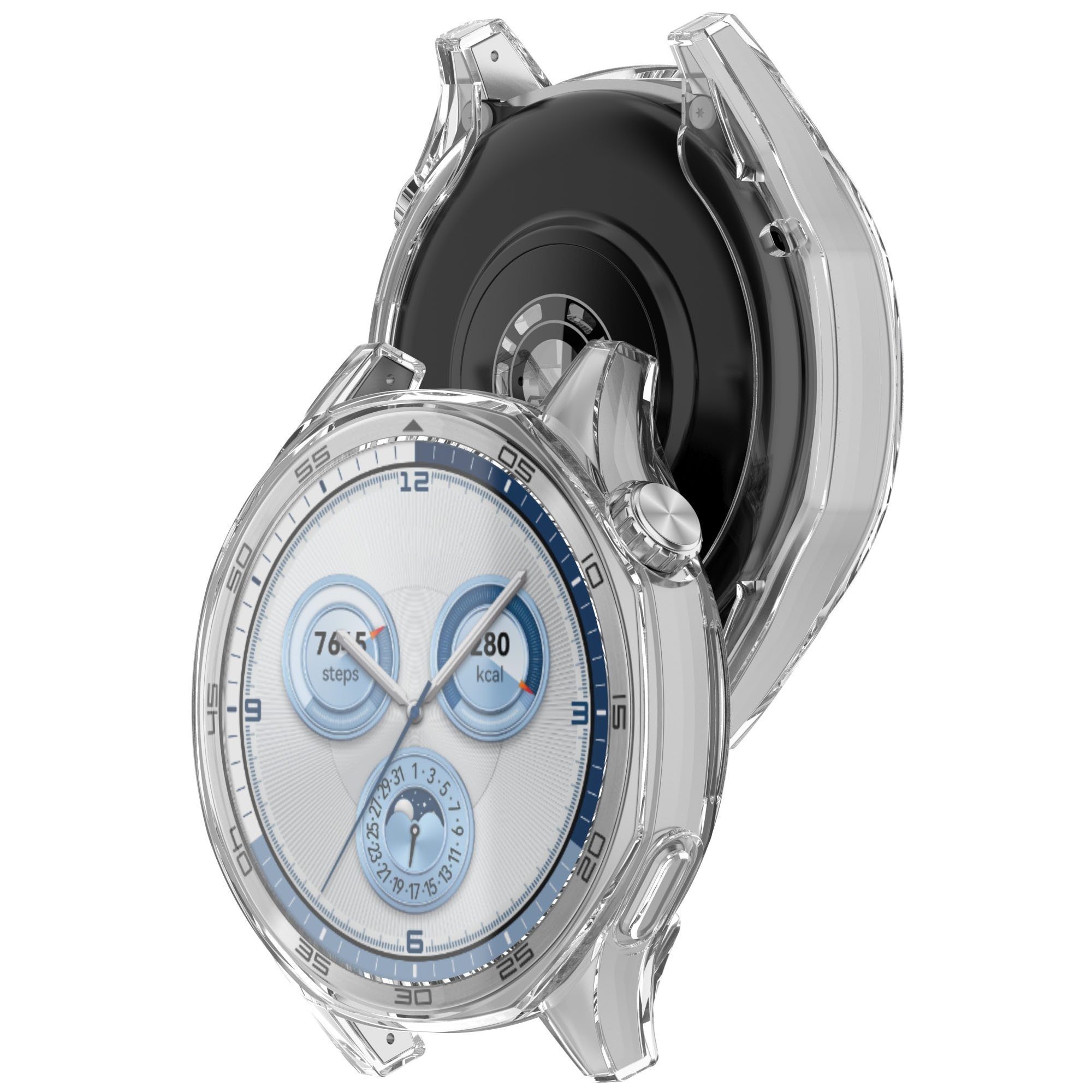 Eine transparente Smartwatch-Hülle über einem Zifferblatt mit Schritten und Kalorien.