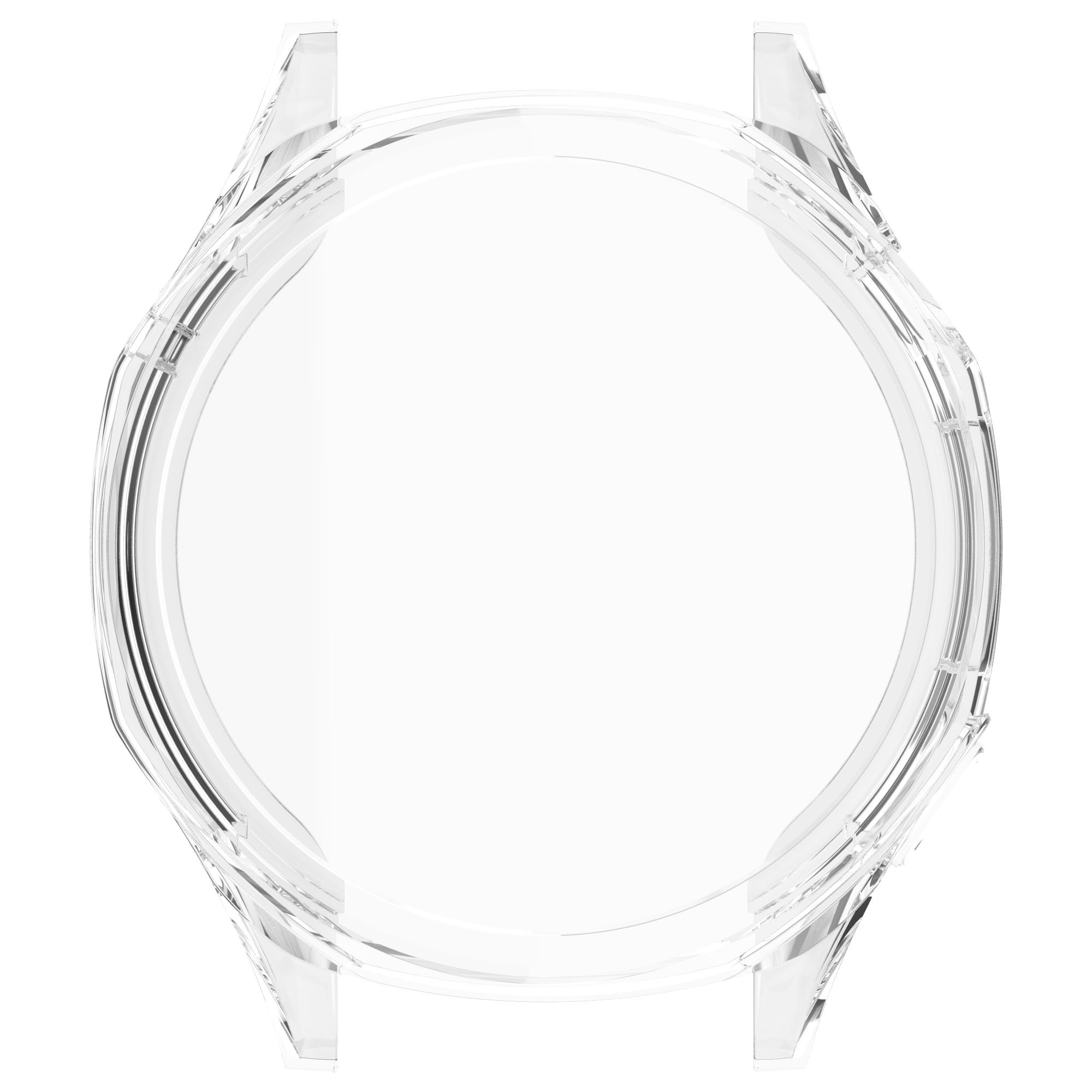 Ein durchsichtiges Uhrengehäuse, kreisförmig mit klarem Zentrum, zeigt ein transparentes Design.