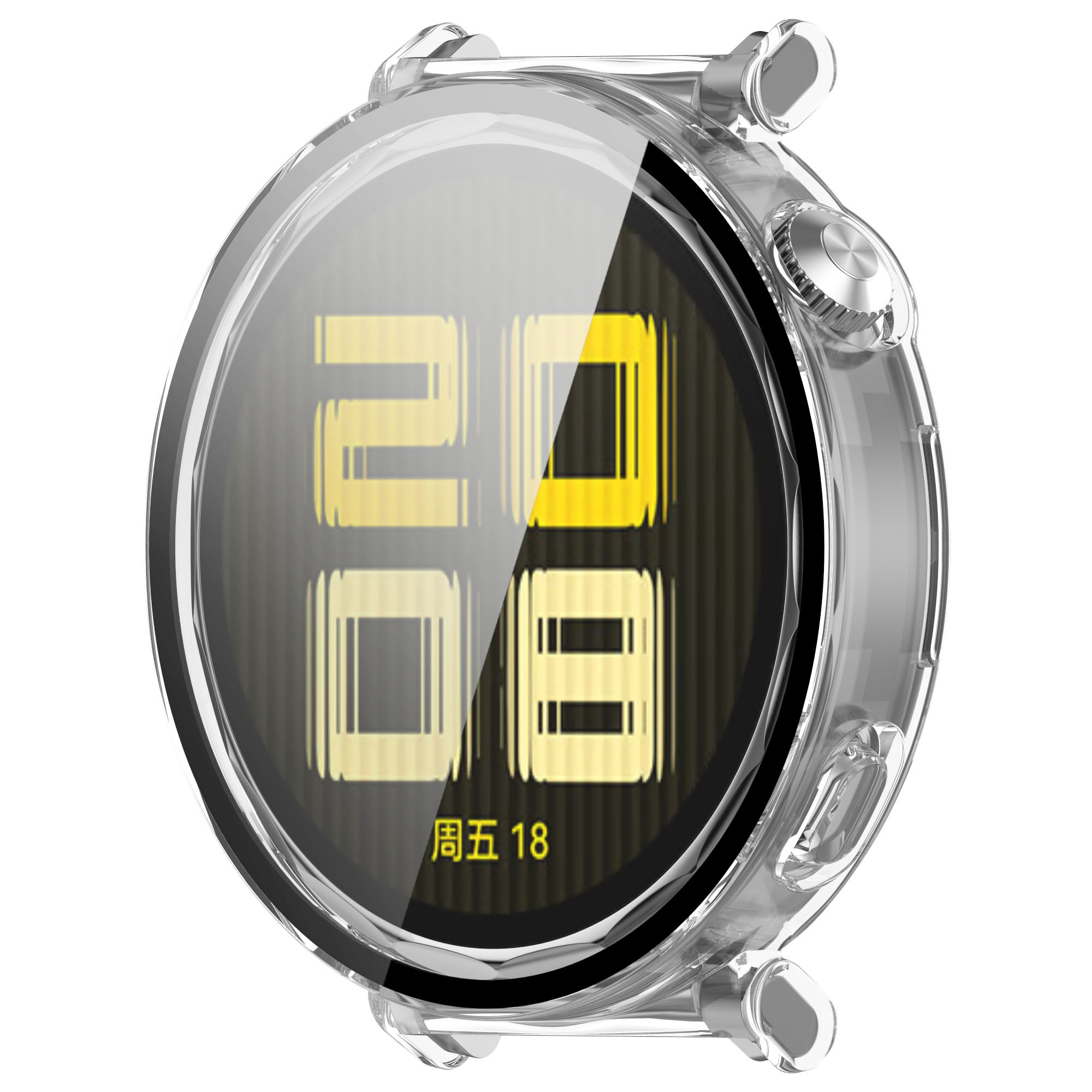 Eine transparente Smartwatch mit digitaler Anzeige von Datum und Uhrzeit. Der Bildschirm ist schwarz mit gelben Ziffern.