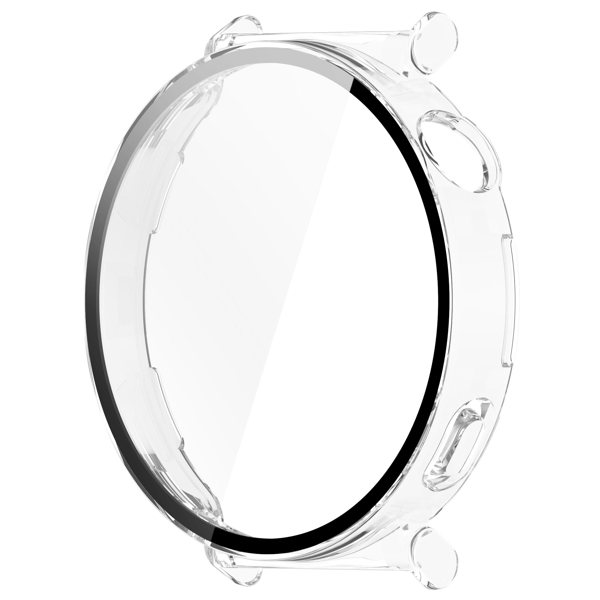 Klare Uhrenschutzhülle. Transparentes Plastik. Schwarzer Ring um das Zifferblatt. Weißer Hintergrund.