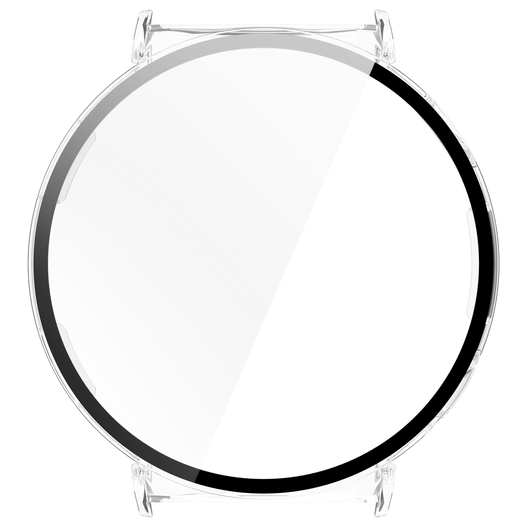 Transparenter Smartwatch-Bildschirmschutz mit schwarzem Rand, montiert auf einem transparenten Rahmen. Weißer Hintergrund.